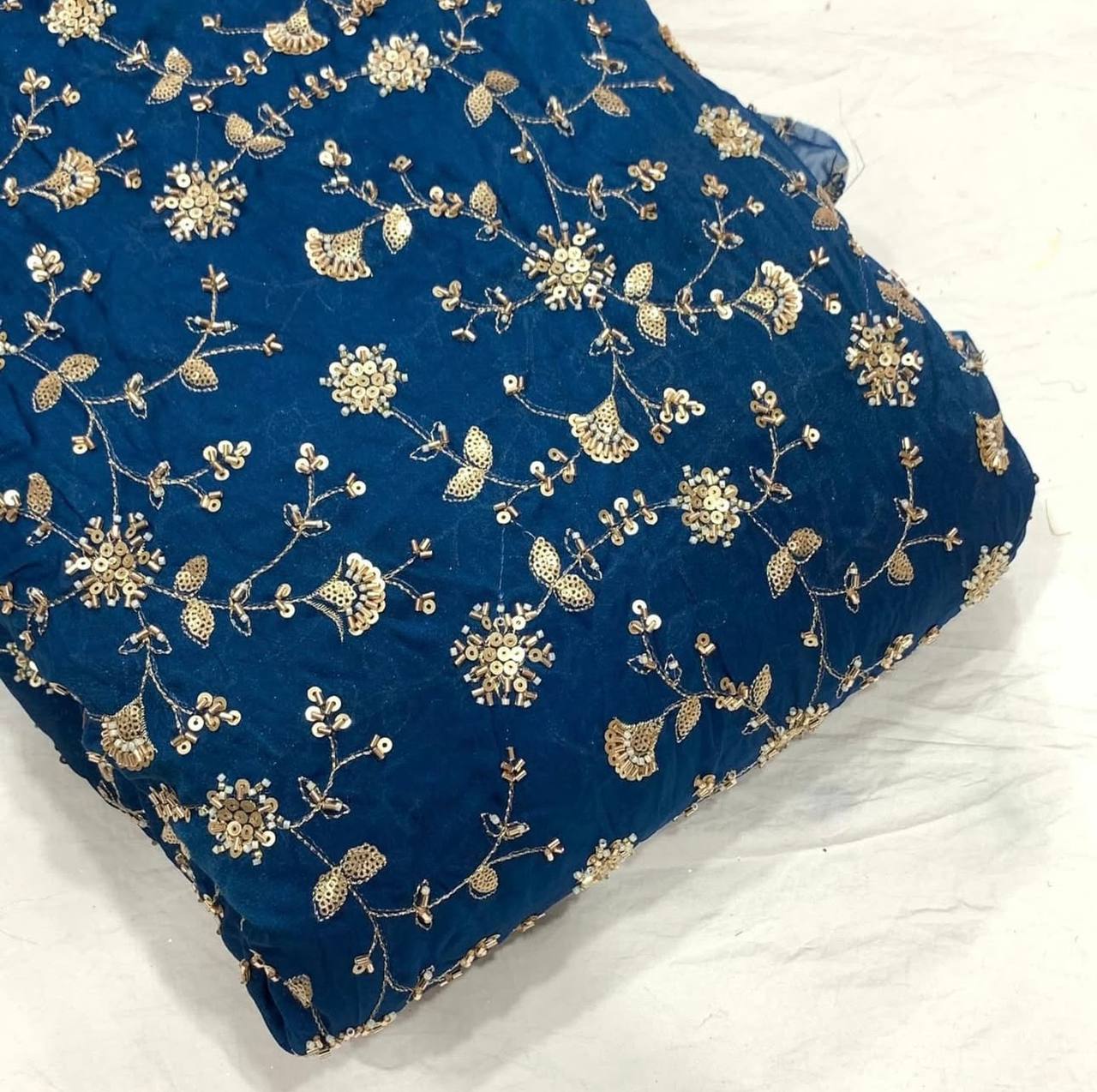 Astronaut Blue Floral Beads & Sequins Handwork Dyeable Embroidered Viscose Tissue Silk Fabric
