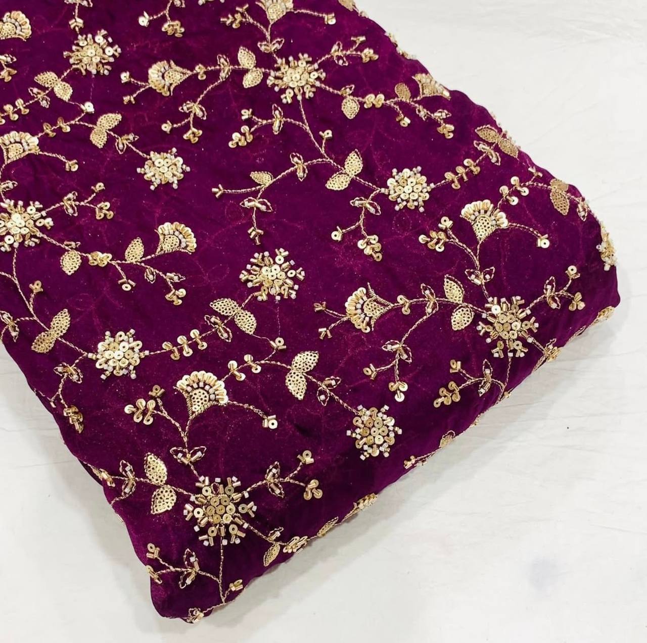 Blackberry Floral Beads & Sequins Handwork Dyeable Embroidered Viscose Tissue Silk Fabric