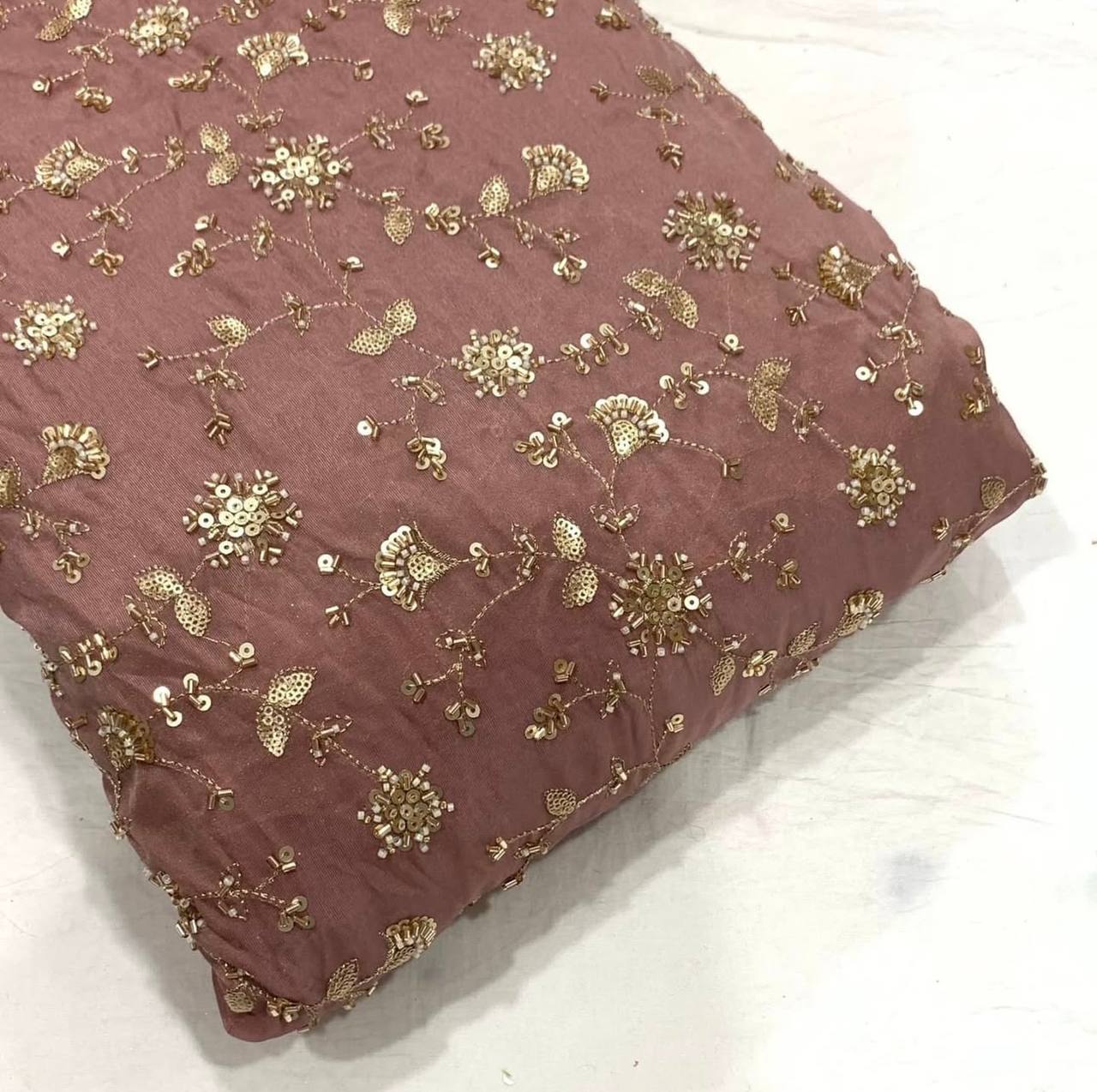 Dark Chestnut Floral Beads Handwork Dyeable Embroidered Viscose Tissue Silk Fabric