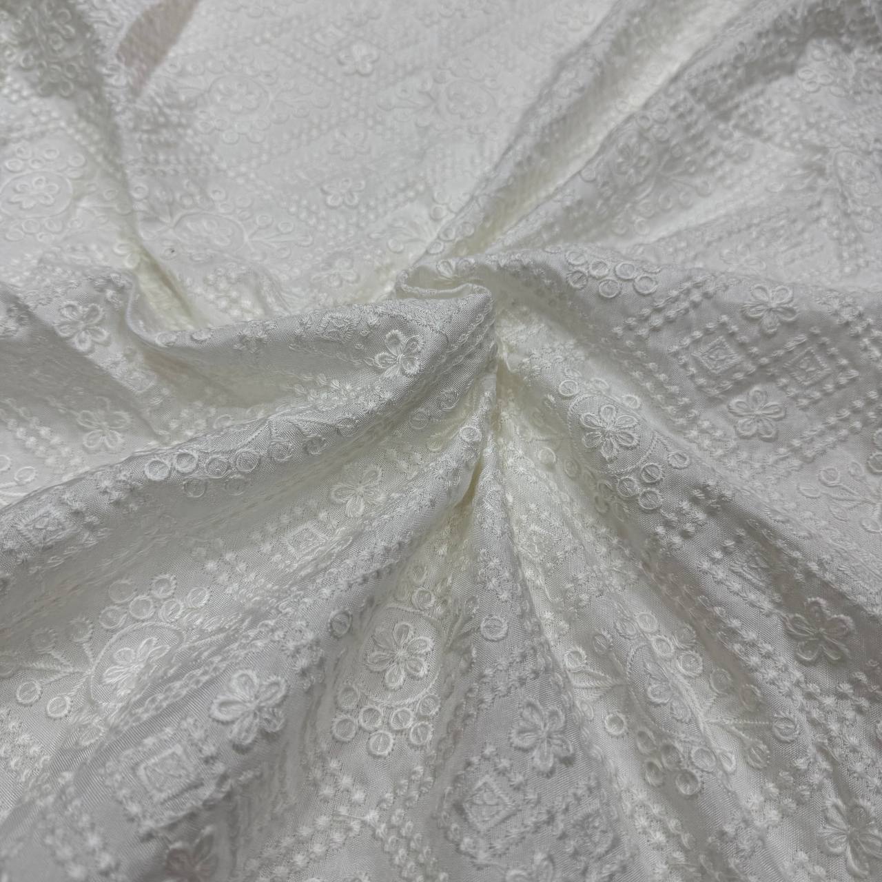 White Geometric Dyeable Lakhnavi Embroidered Viscose Dola Silk Fabric