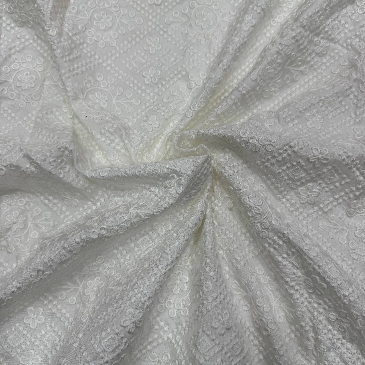 White Geometric Dyeable Lakhnavi Embroidered Viscose Dola Silk Fabric
