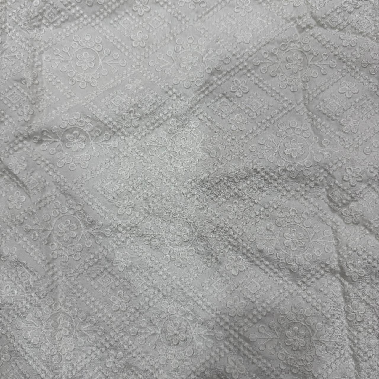 White Geometric Dyeable Lakhnavi Embroidered Viscose Dola Silk Fabric