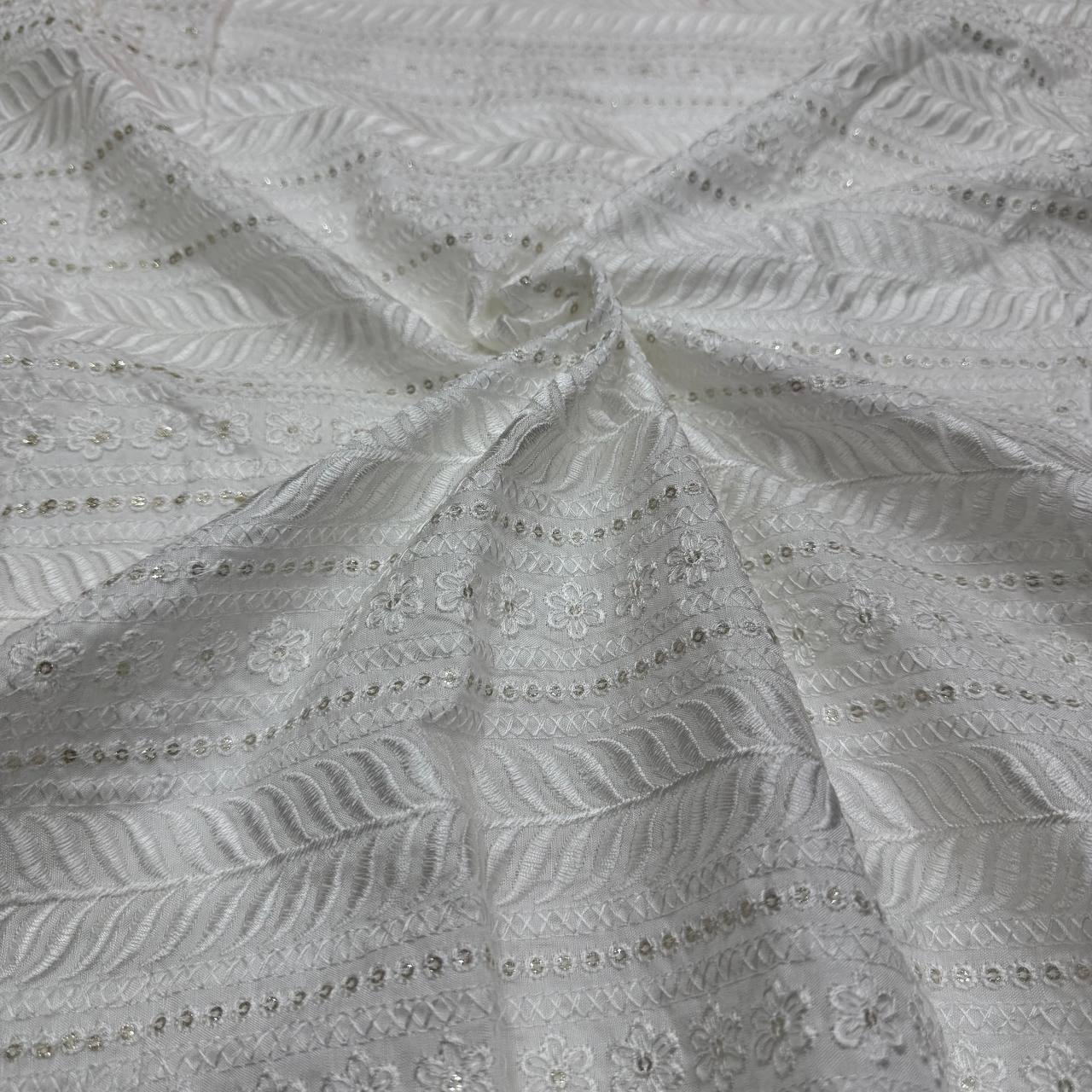 White Dyeable Lakhnavi Embroidered Viscose Dola Silk Fabric