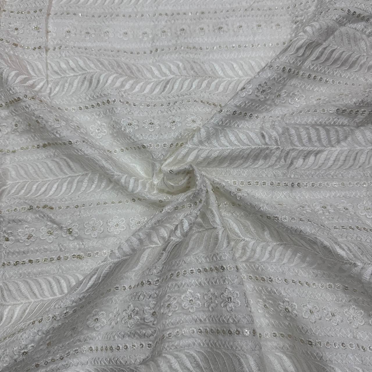 White Dyeable Lakhnavi Embroidered Viscose Dola Silk Fabric
