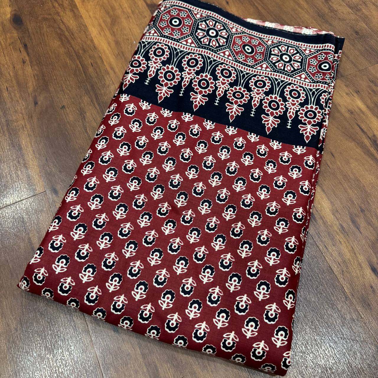 Red & Black Ajrakh Floral Printed Pure Cotton Fabric