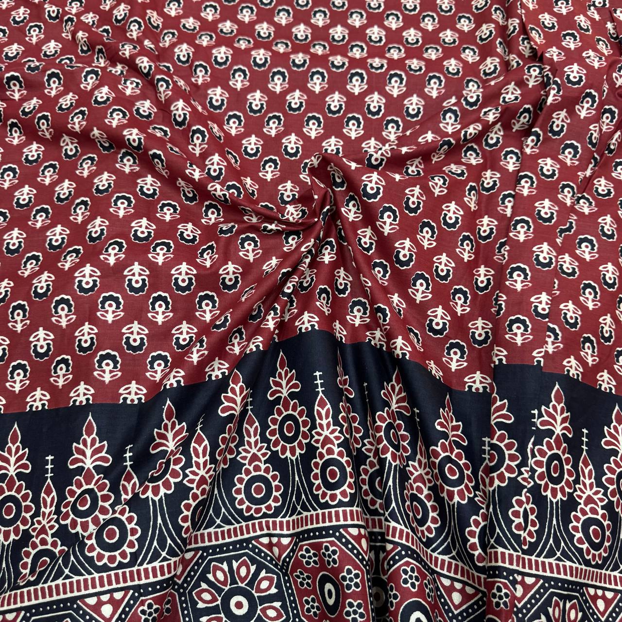 Red & Black Ajrakh Floral Printed Pure Cotton Fabric