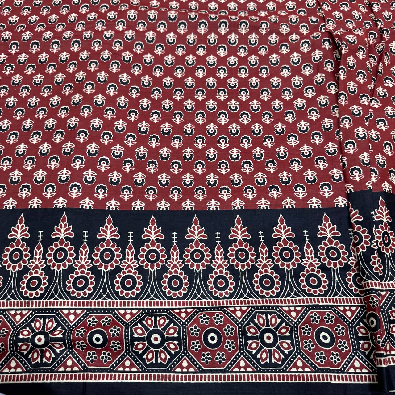 Red & Black Ajrakh Floral Printed Pure Cotton Fabric