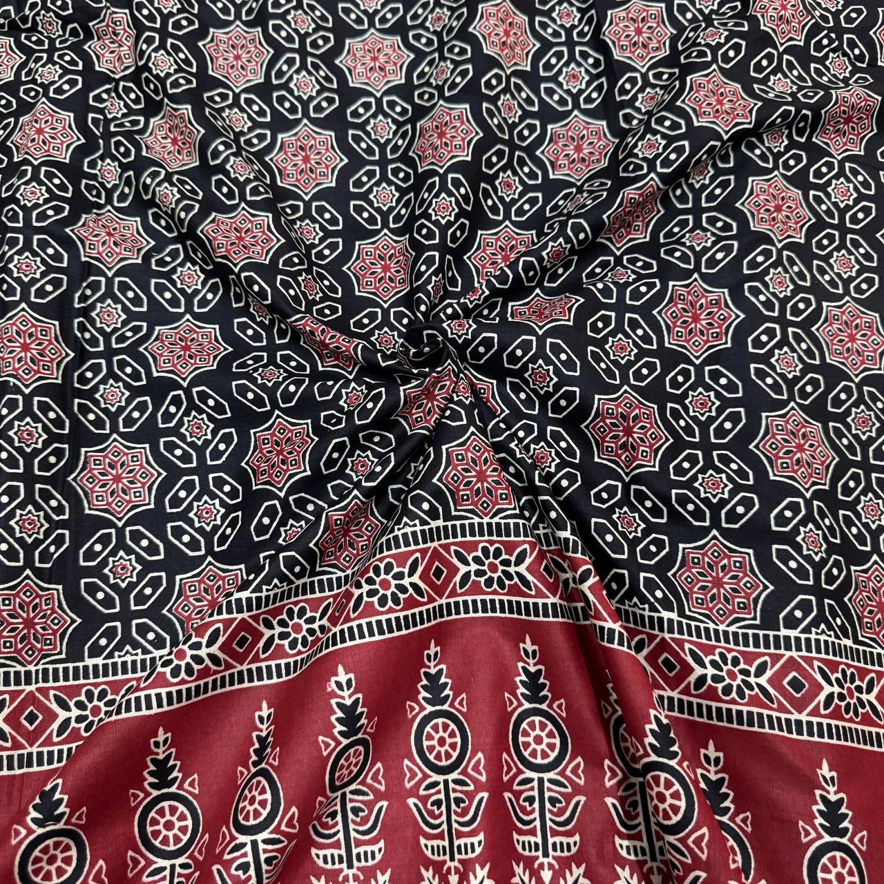 Black & Red Floral Ajrakh Printed Pure Cotton Fabric