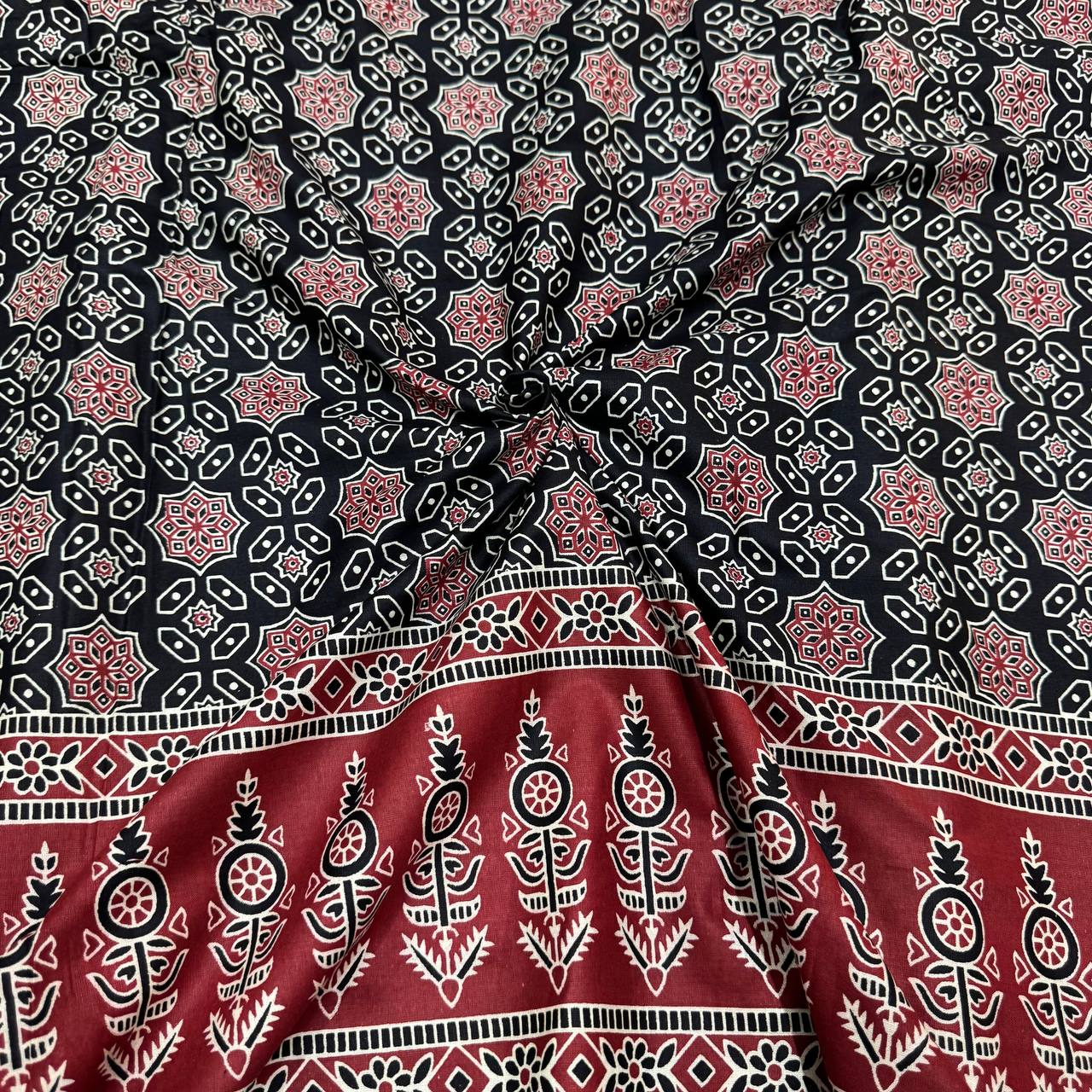 Black & Red Floral Ajrakh Printed Pure Cotton Fabric