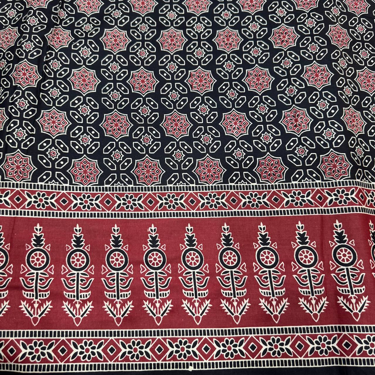 Black & Red Floral Ajrakh Printed Pure Cotton Fabric