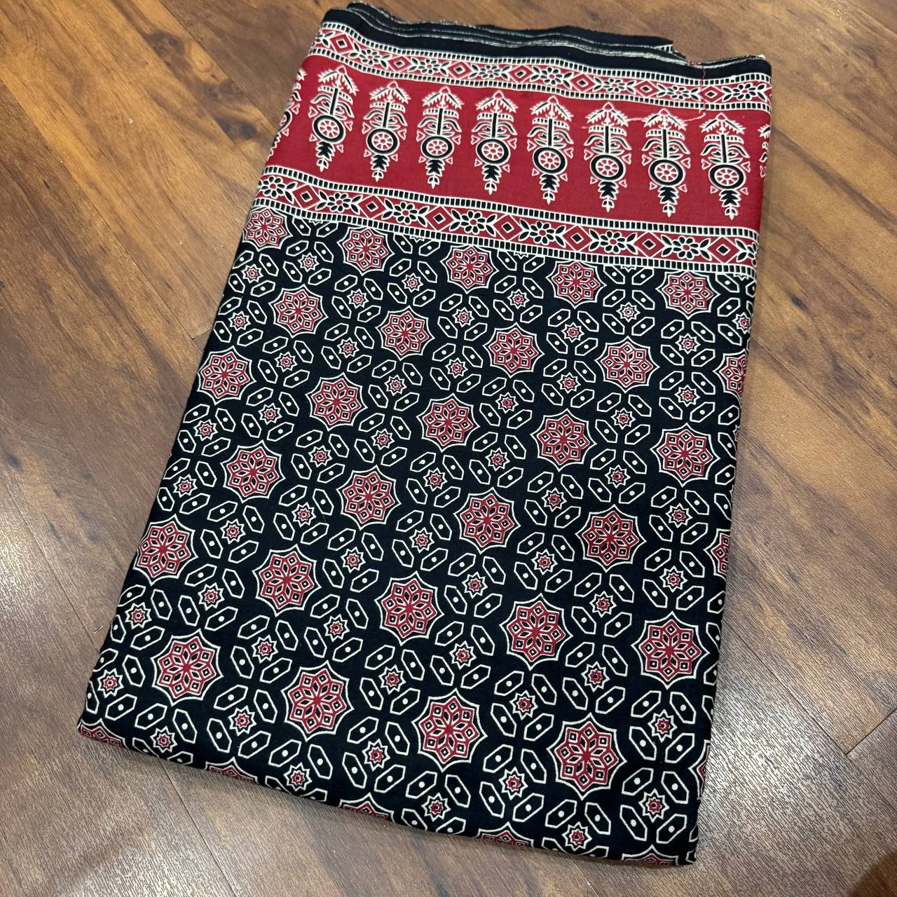 Black & Red Floral Ajrakh Printed Pure Cotton Fabric