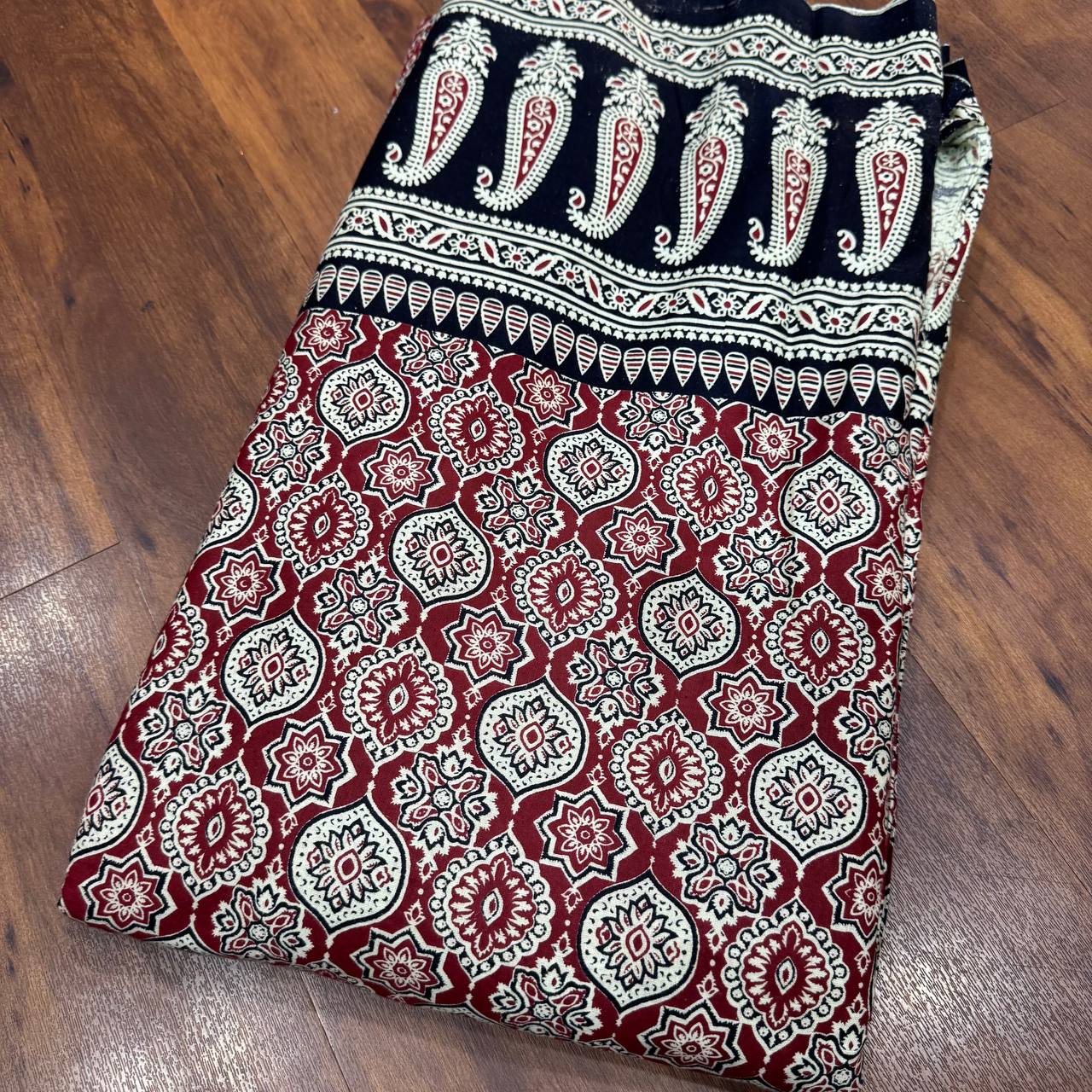Red & Black Floral Ajrakh Printed Pure Cotton Fabric