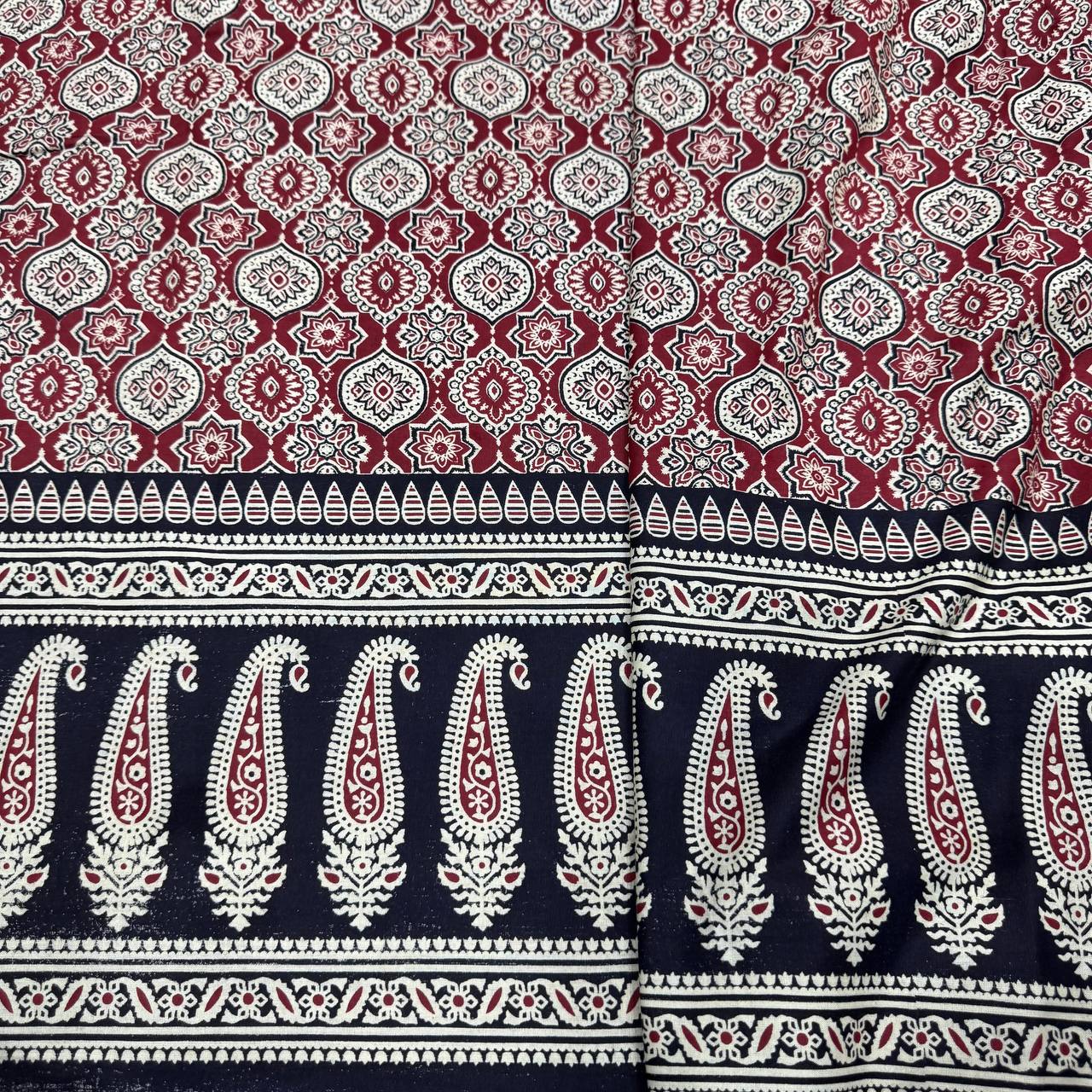 Red & Black Floral Ajrakh Printed Pure Cotton Fabric
