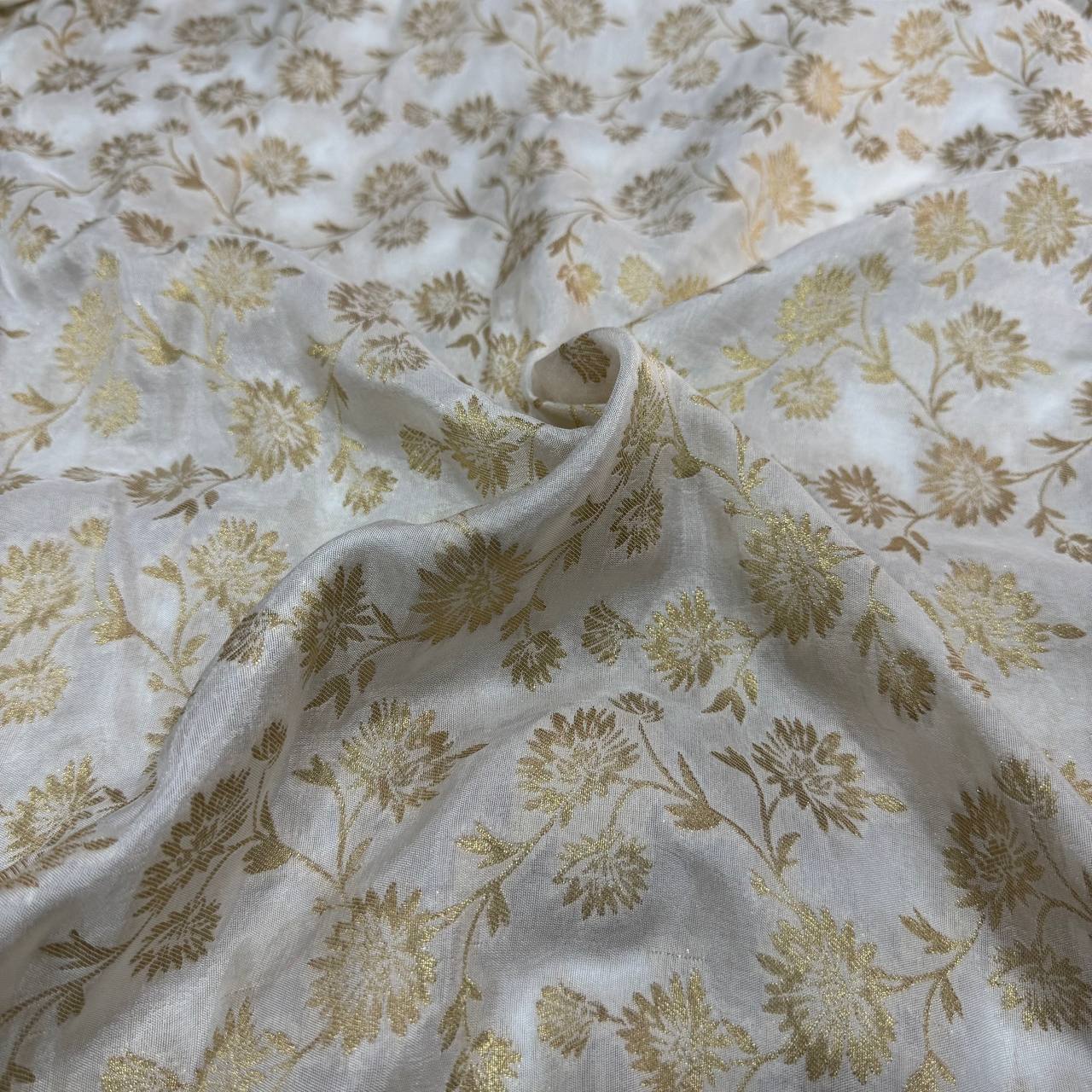 White & Golden Floral Dyeable Zari Banarasi Russian Silk Fabric