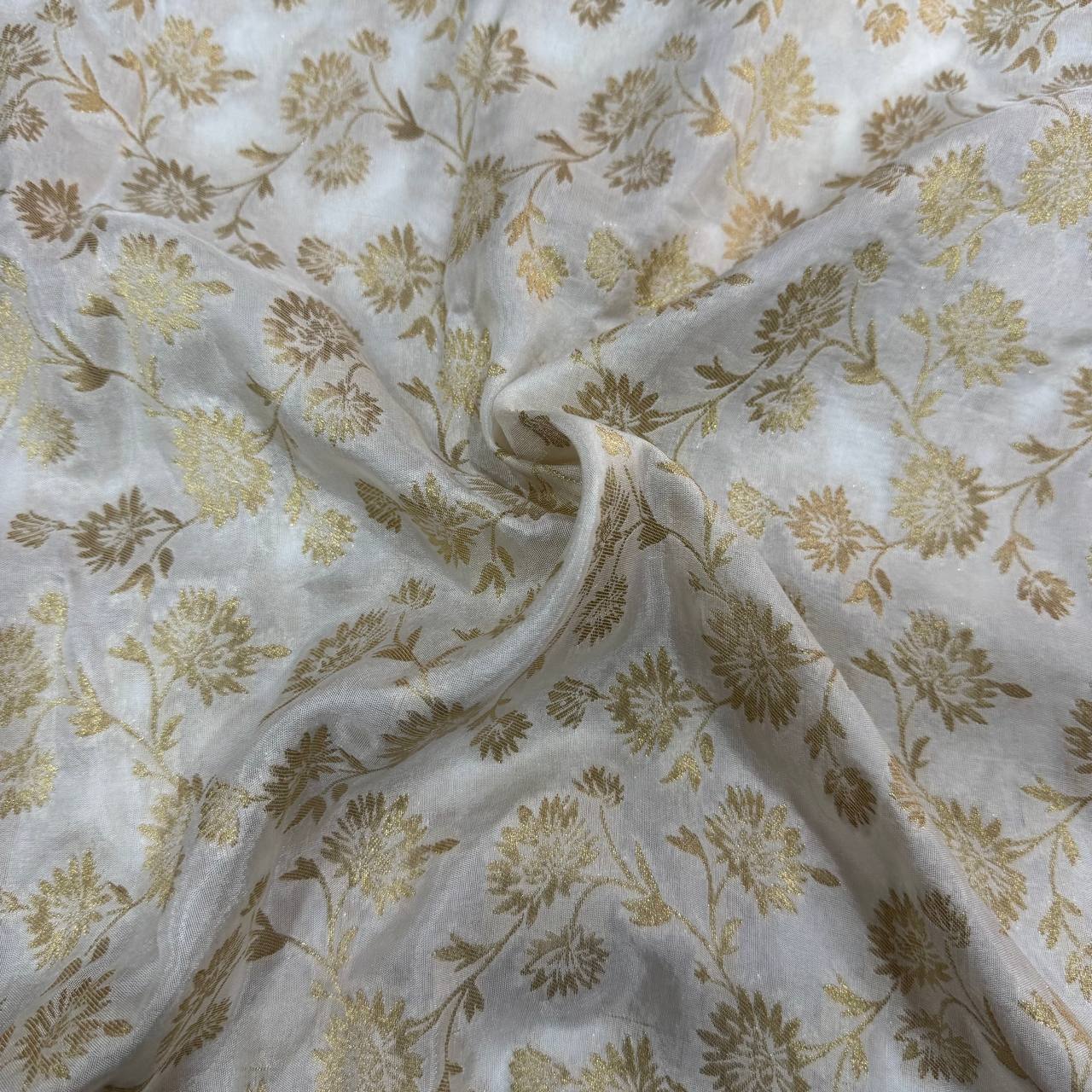 White & Golden Floral Dyeable Zari Banarasi Russian Silk Fabric