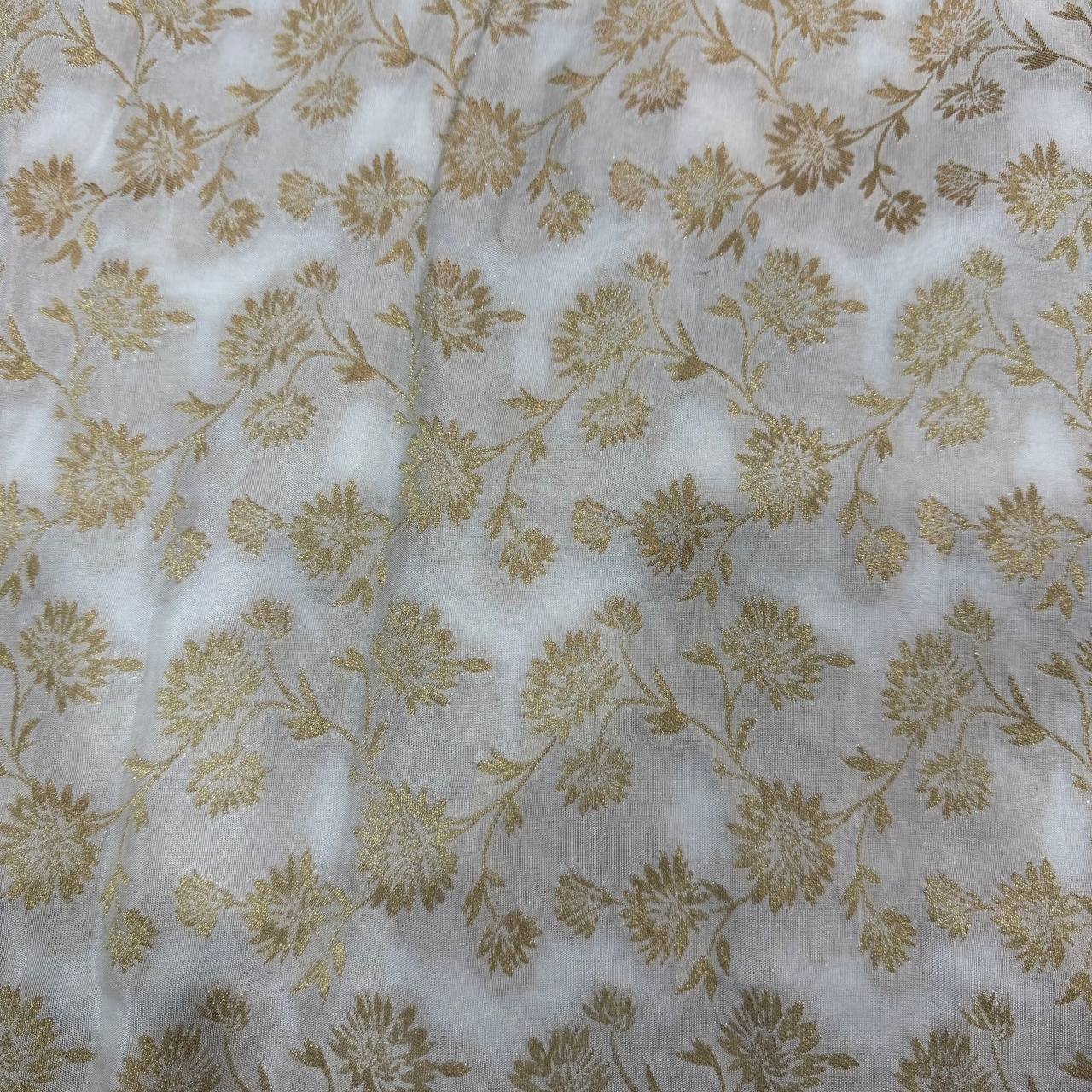 White & Golden Floral Dyeable Zari Banarasi Russian Silk Fabric