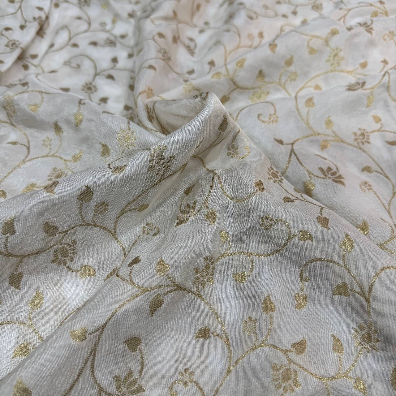 White & Golden Floral Dyeable Zari Banarasi Russian Silk Fabric