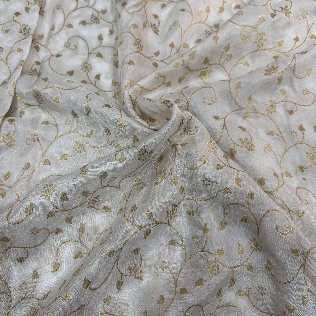 White & Golden Floral Dyeable Zari Banarasi Russian Silk Fabric