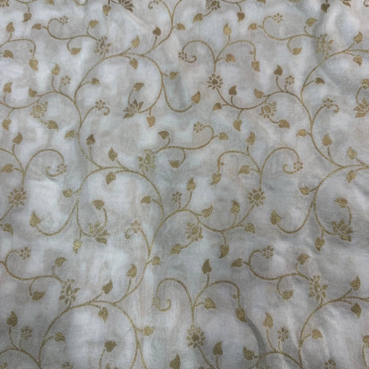 White & Golden Floral Dyeable Zari Banarasi Russian Silk Fabric