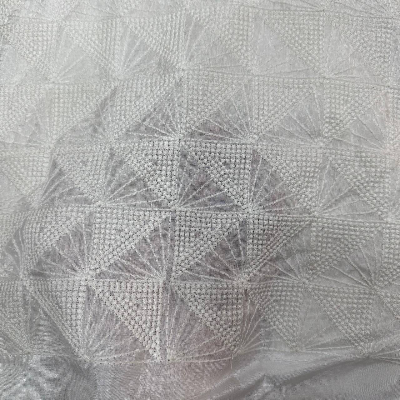 White Geometric Dyeable Lakhnavi Embroidered Viscose Uppada Silk Fabric