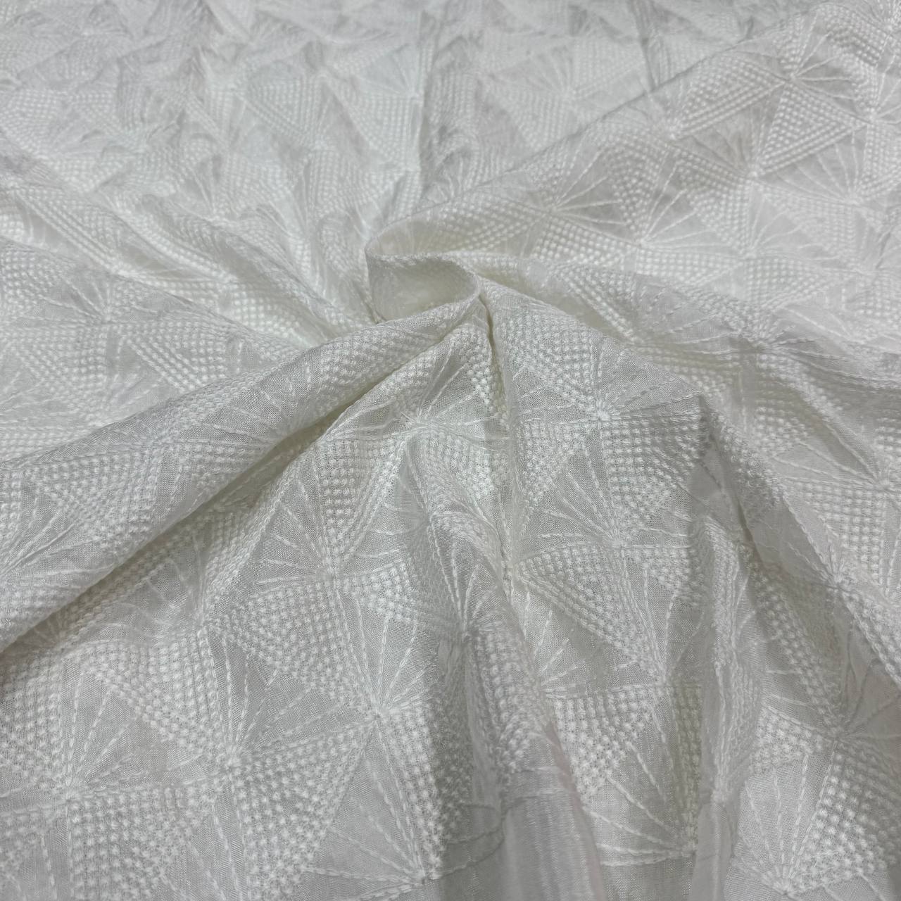 White Geometric Dyeable Lakhnavi Embroidered Viscose Uppada Silk Fabric