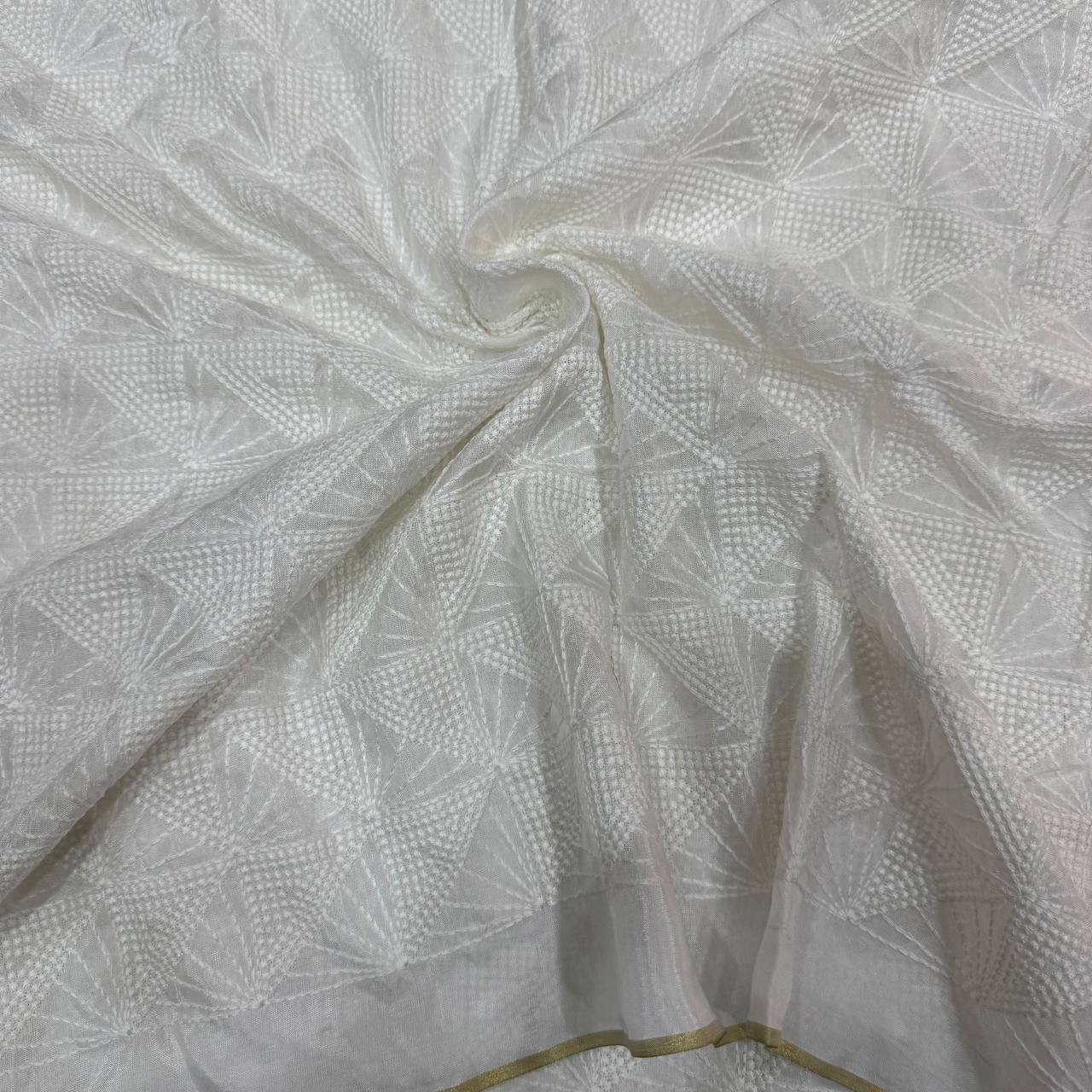 White Geometric Dyeable Lakhnavi Embroidered Viscose Uppada Silk Fabric