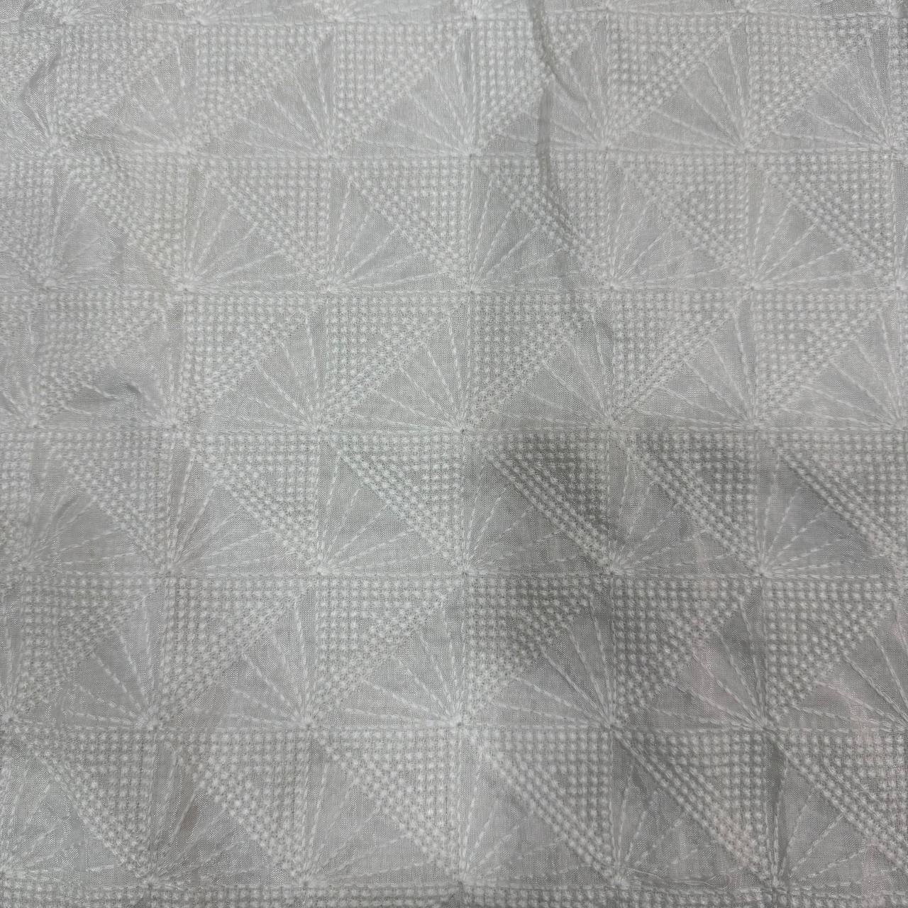 White Geometric Dyeable Lakhnavi Embroidered Viscose Uppada Silk Fabric