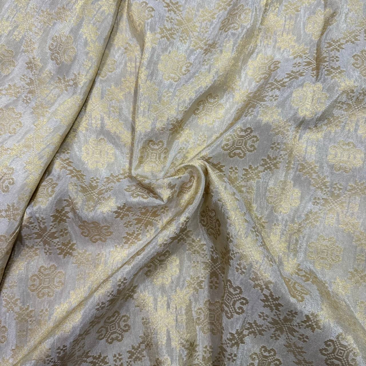 White & Gold Geometric Dyeable Zari Banarasi Viscose Gold Tissue Silk Fabric