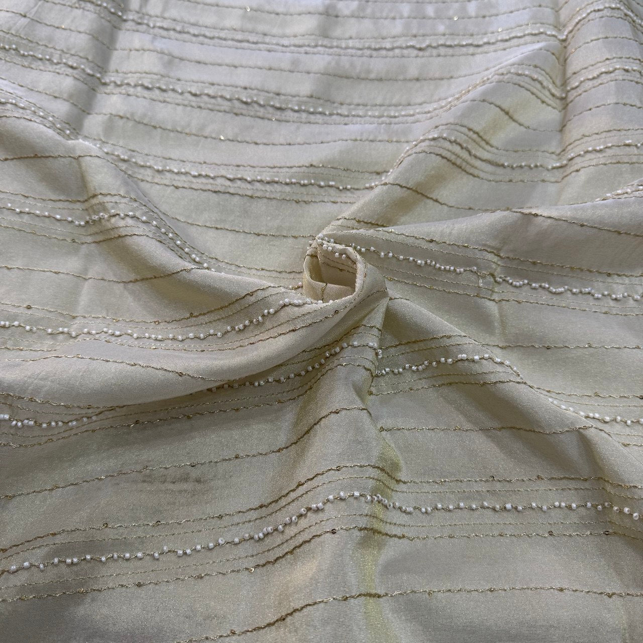 White & Golden Stripes Beads Handwork Dyeable Embroidered Viscose Tissue Silk Fabric