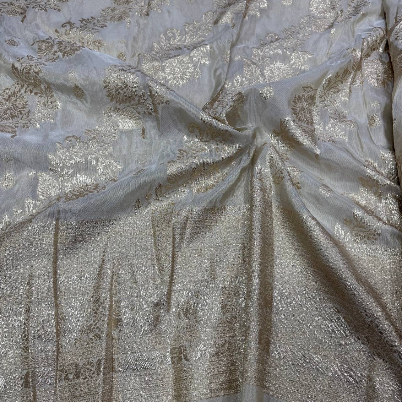 White & Rose Gold Floral Dyeable Zari Banarasi Viscose Gold Tissue Silk Panel Fabric