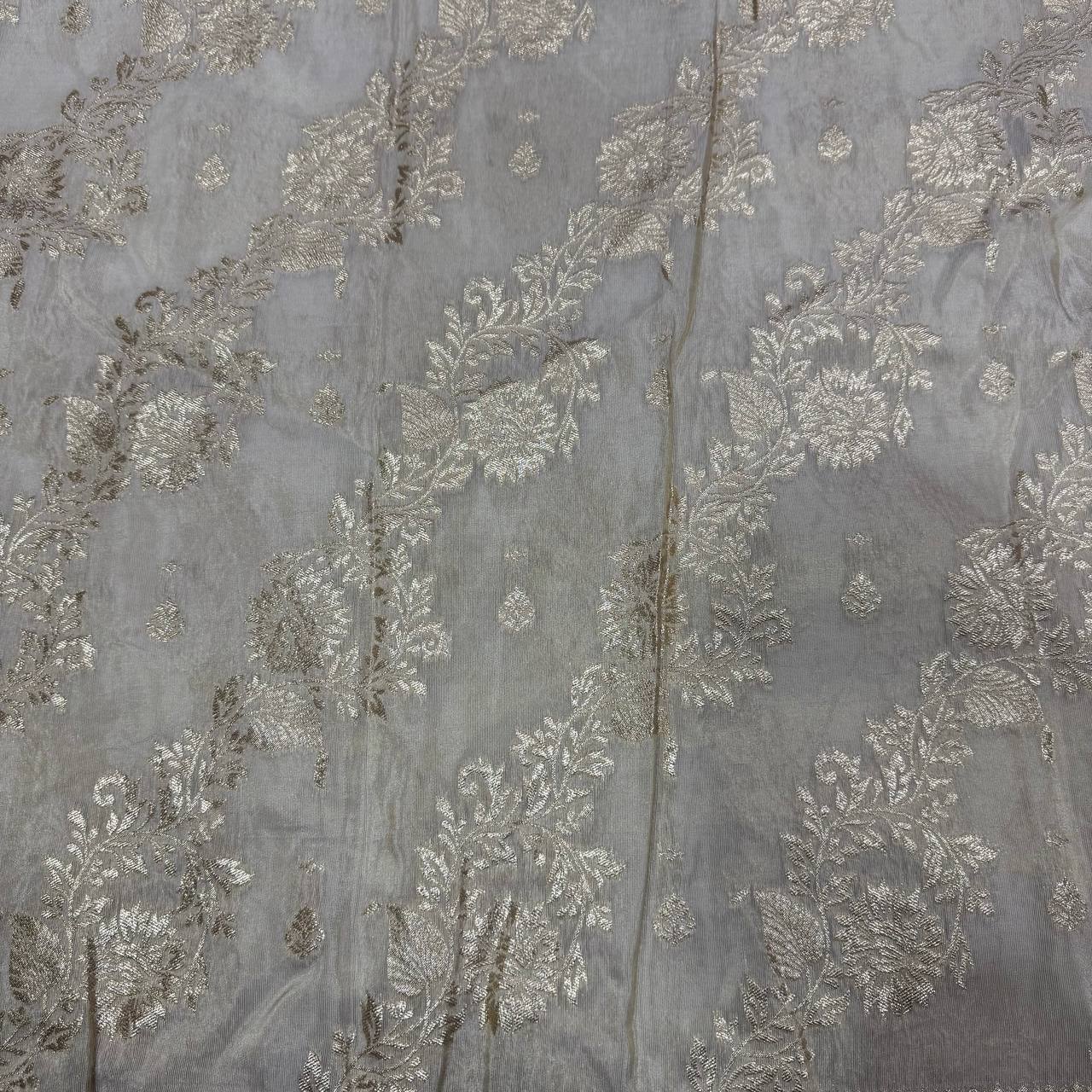 White & Rose Gold Floral Dyeable Zari Banarasi Viscose Gold Tissue Silk Panel Fabric