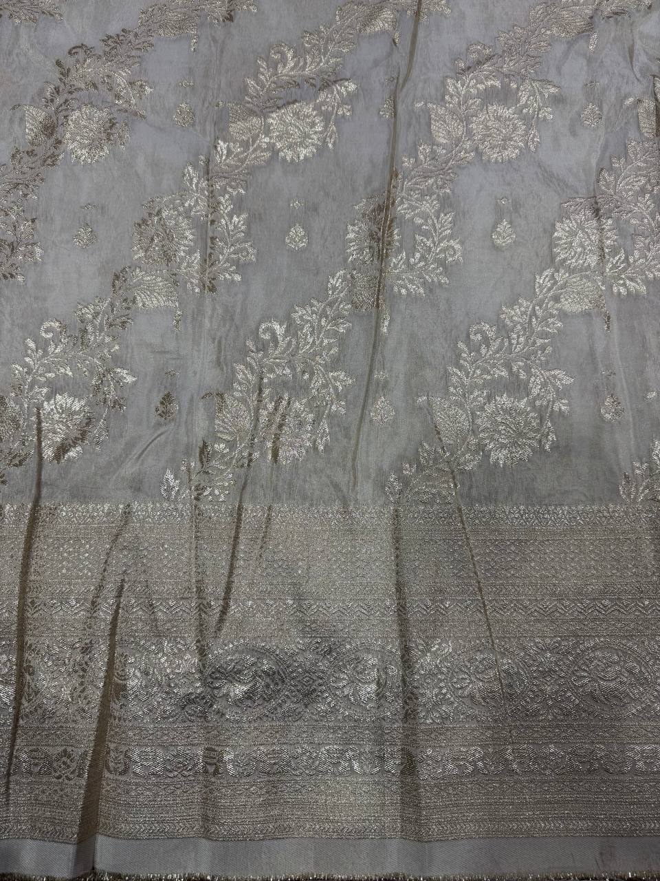 White & Rose Gold Floral Dyeable Zari Banarasi Viscose Gold Tissue Silk Panel Fabric