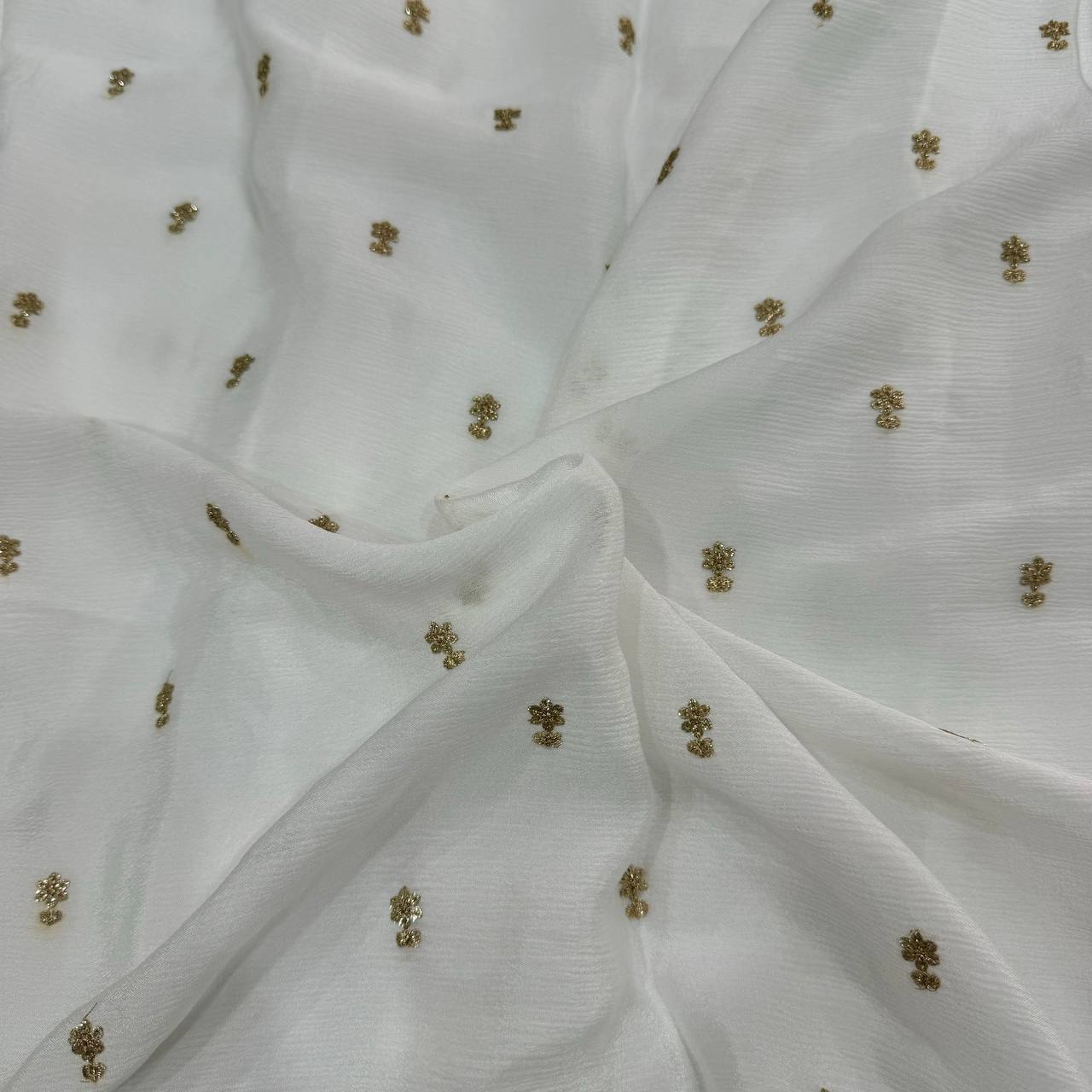 White Dyeable Flower Butti Embroidered Viscose Chinon Chiffon Fabric