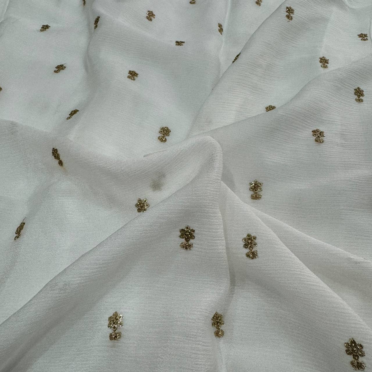 White Dyeable Flower Butti Embroidered Viscose Chinon Chiffon Fabric