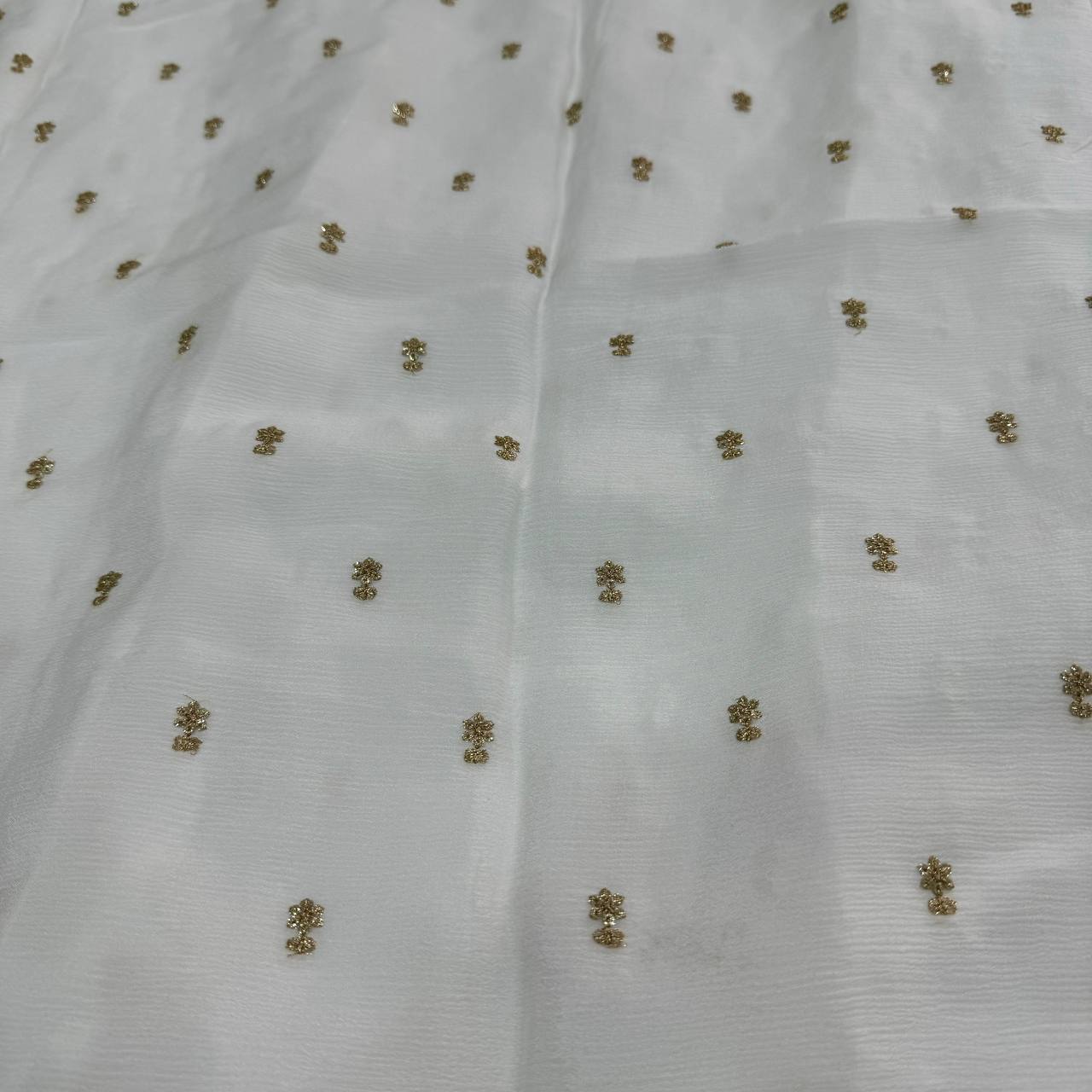 White Dyeable Flower Butti Embroidered Viscose Chinon Chiffon Fabric