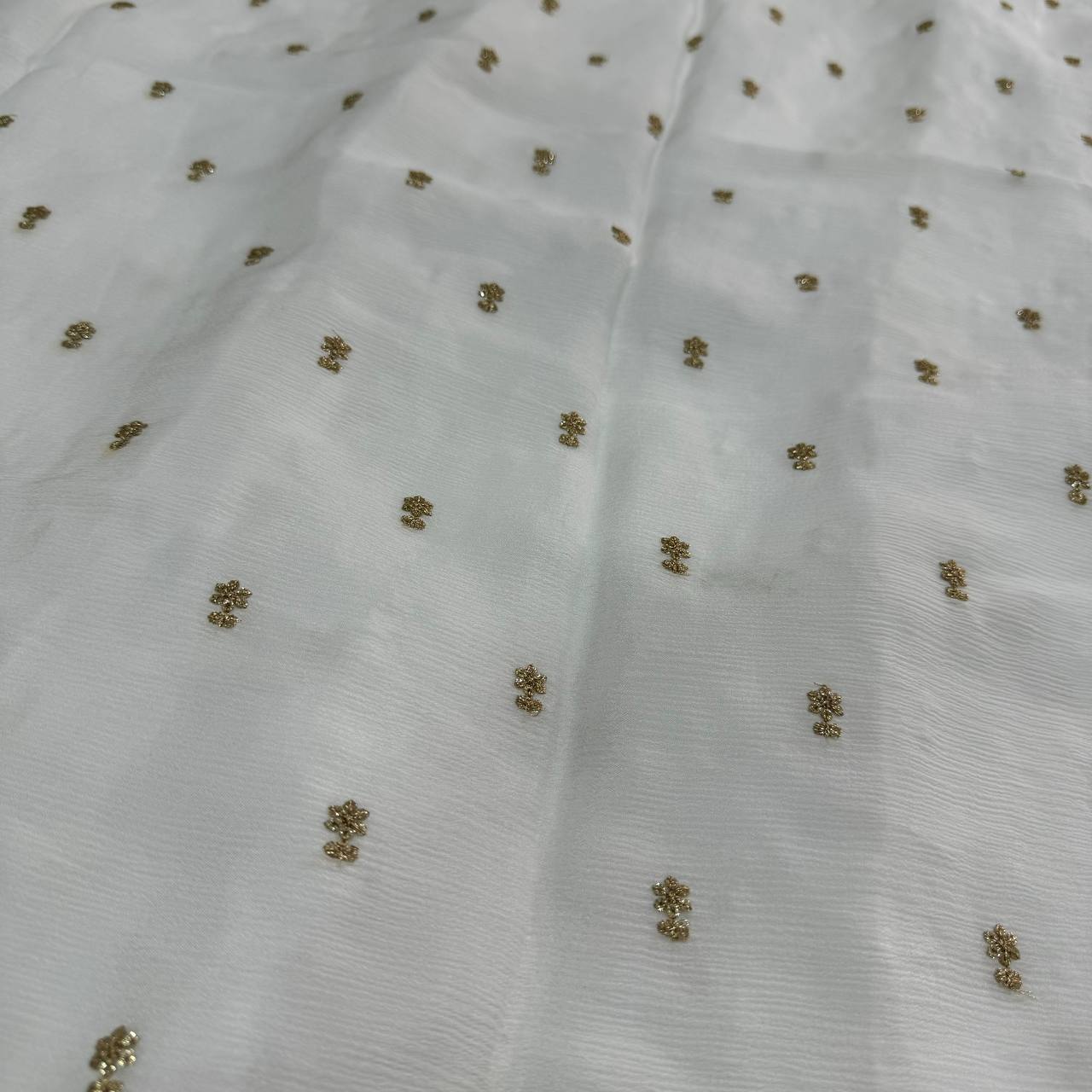White Dyeable Flower Butti Embroidered Viscose Chinon Chiffon Fabric