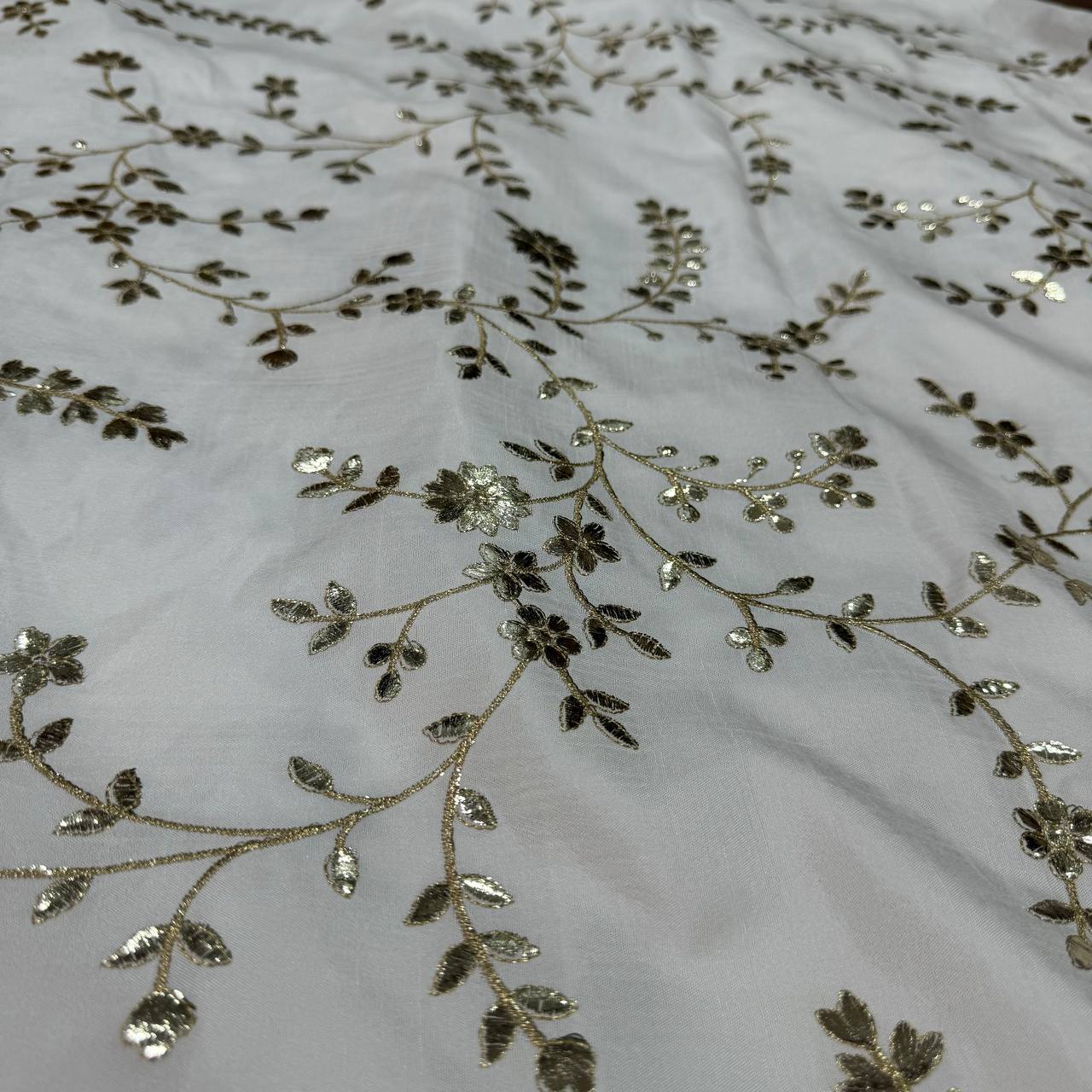White Dyeable Floral Embroidered Viscose Dola Silk Fabric