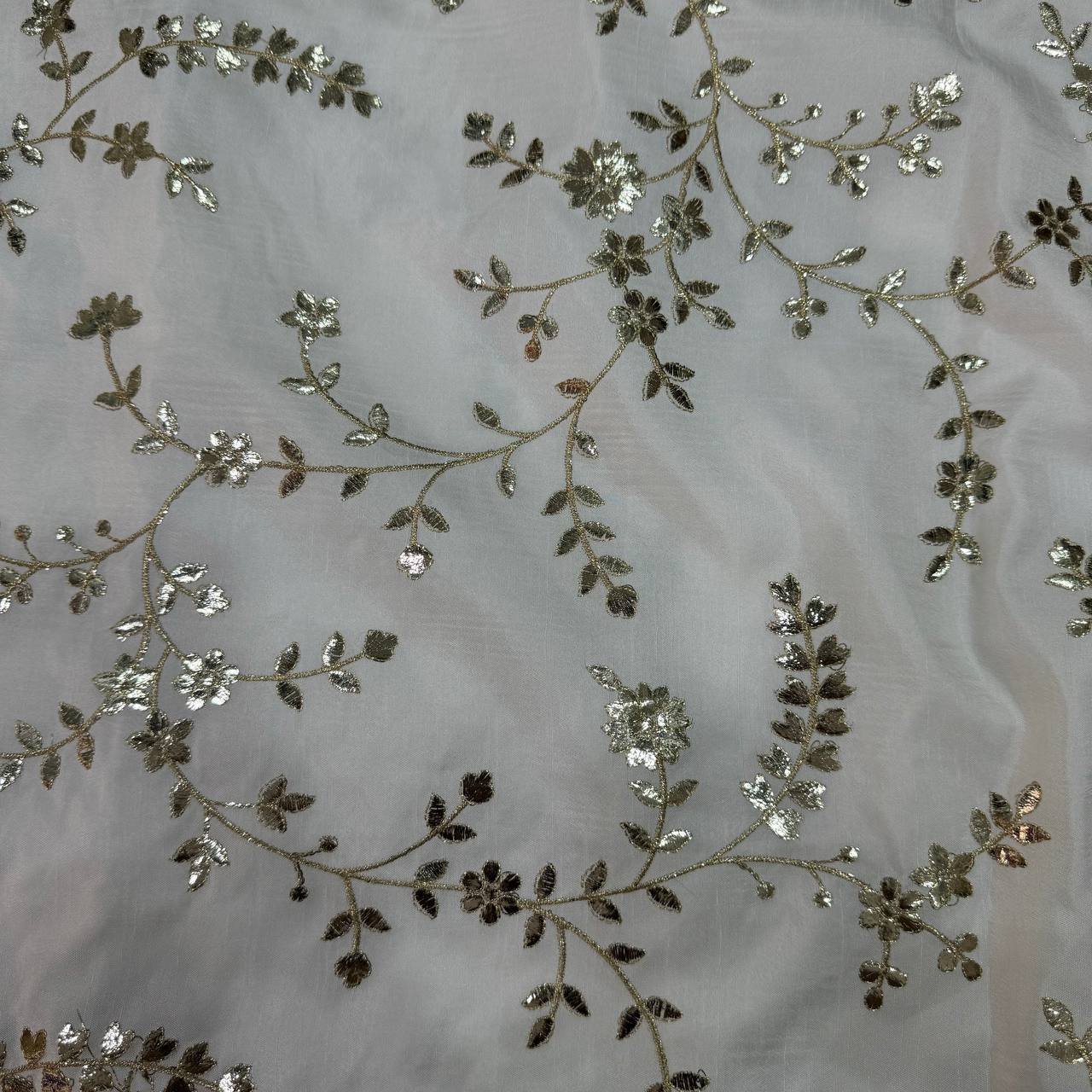 White Dyeable Floral Embroidered Viscose Dola Silk Fabric