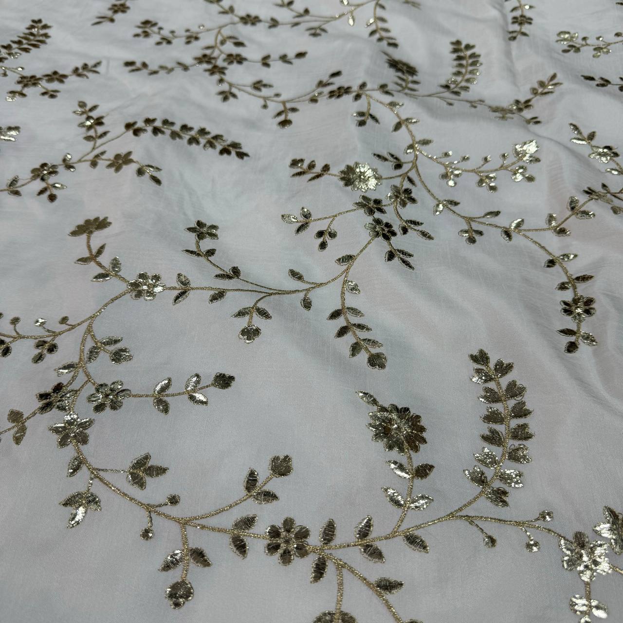 White Dyeable Floral Embroidered Viscose Dola Silk Fabric