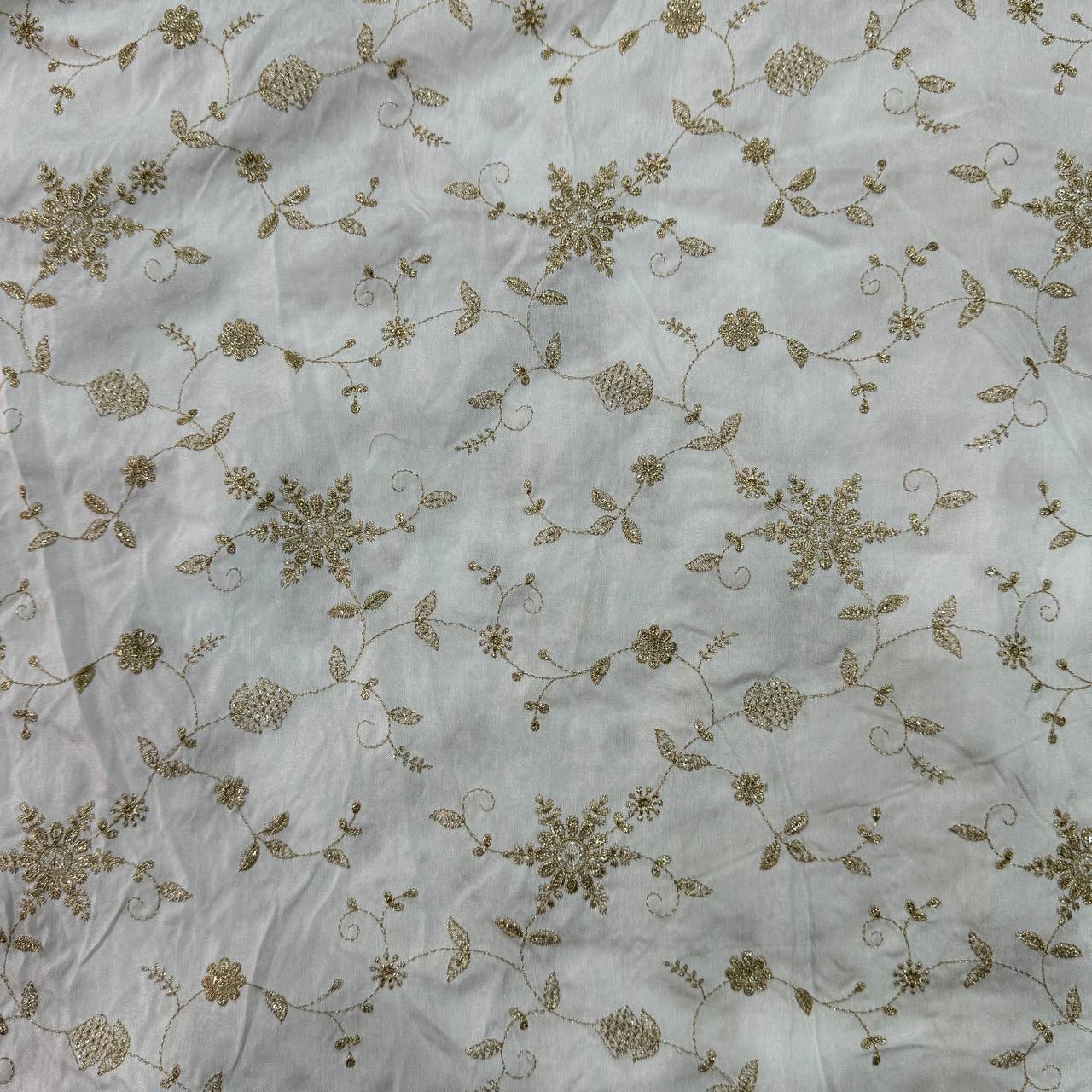White Dyeable Floral Embroidered Viscose Dola Silk Fabric