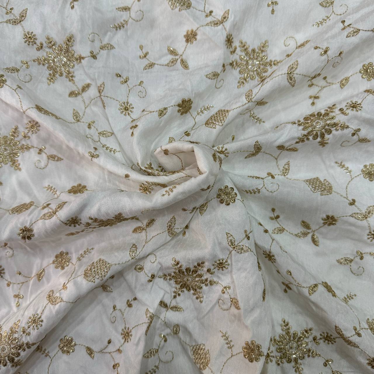 White Dyeable Floral Embroidered Viscose Dola Silk Fabric