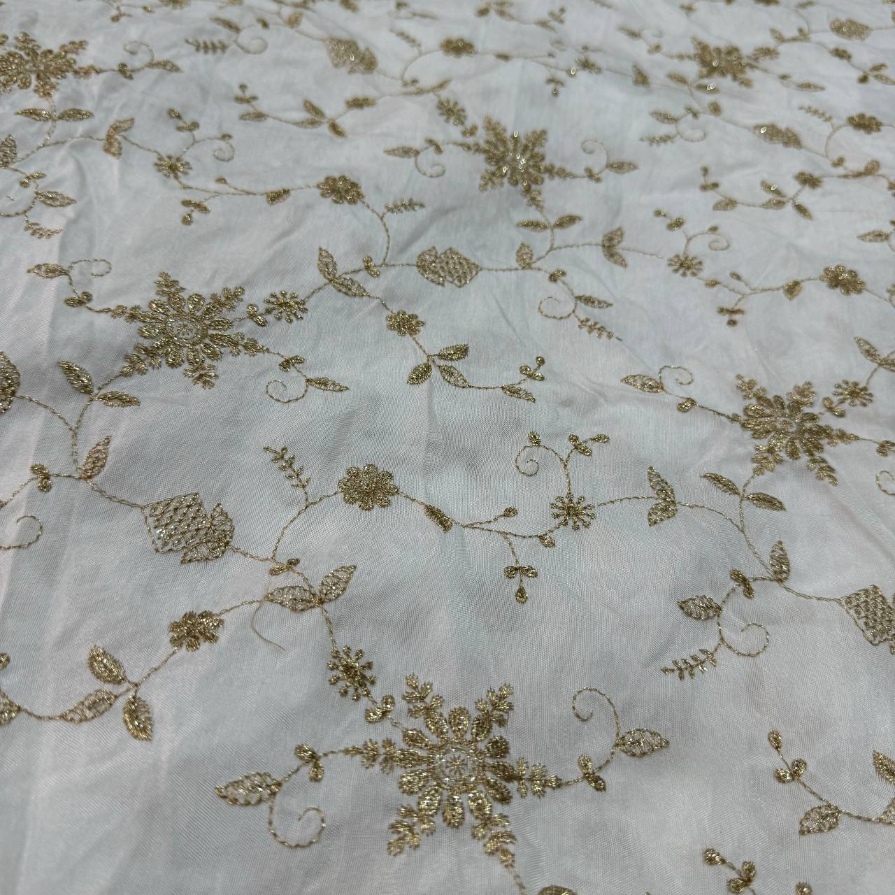 White Dyeable Floral Embroidered Viscose Dola Silk Fabric