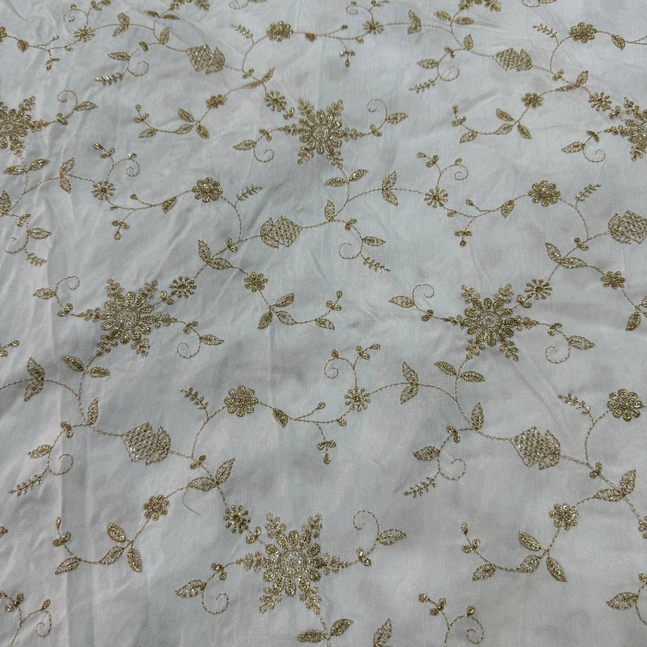 White Dyeable Floral Embroidered Viscose Dola Silk Fabric