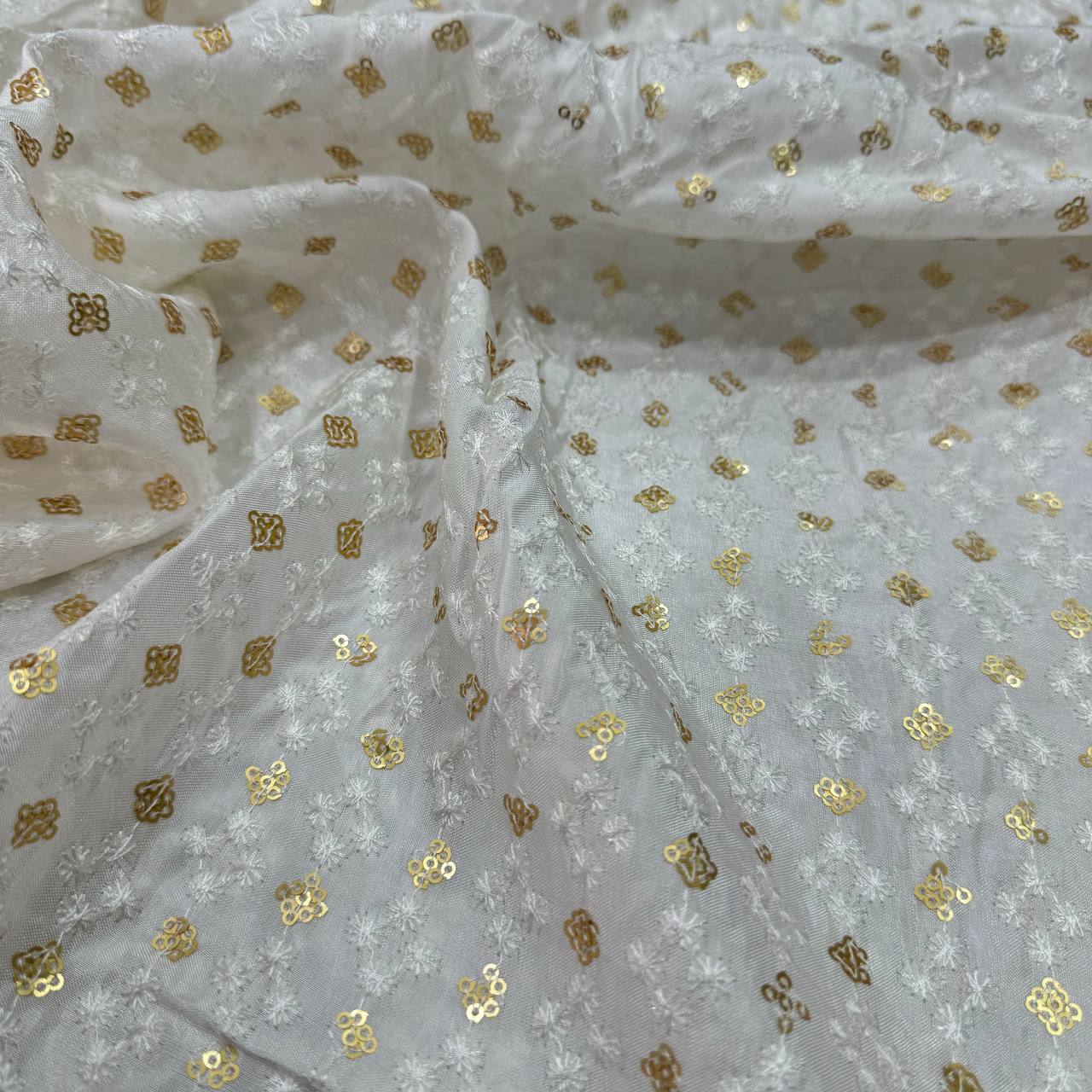 White Dyeable Geometric Embroidered Viscose Uppada Silk Fabric