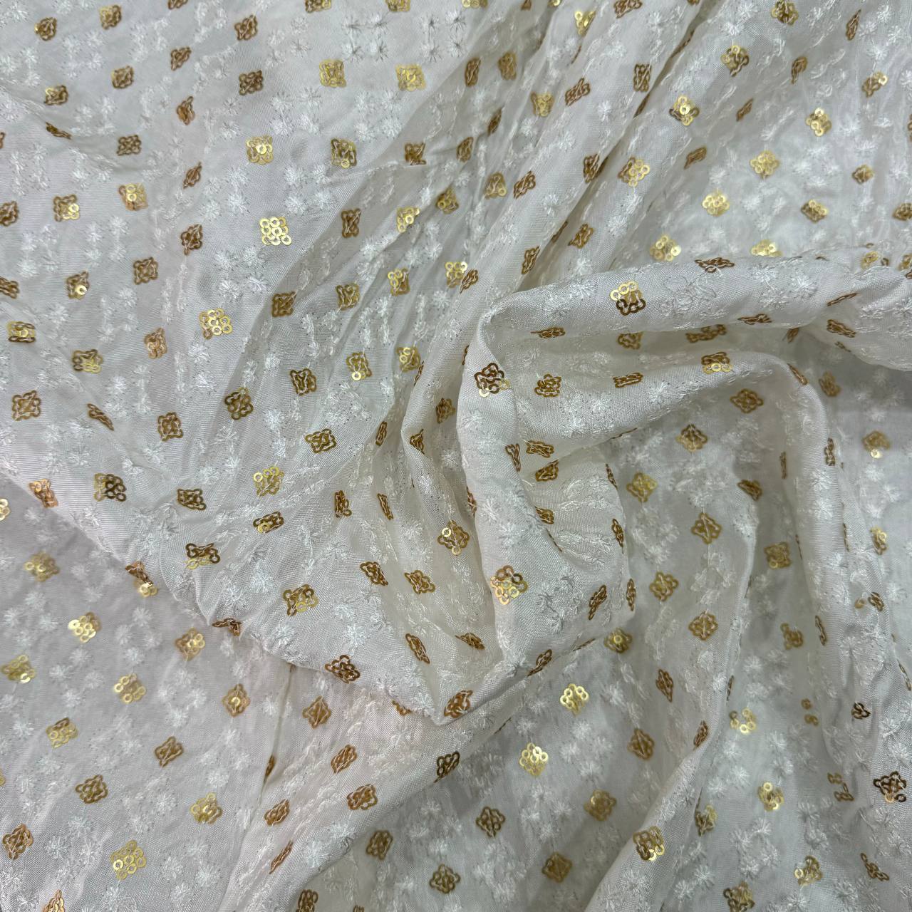 White Dyeable Geometric Embroidered Viscose Uppada Silk Fabric
