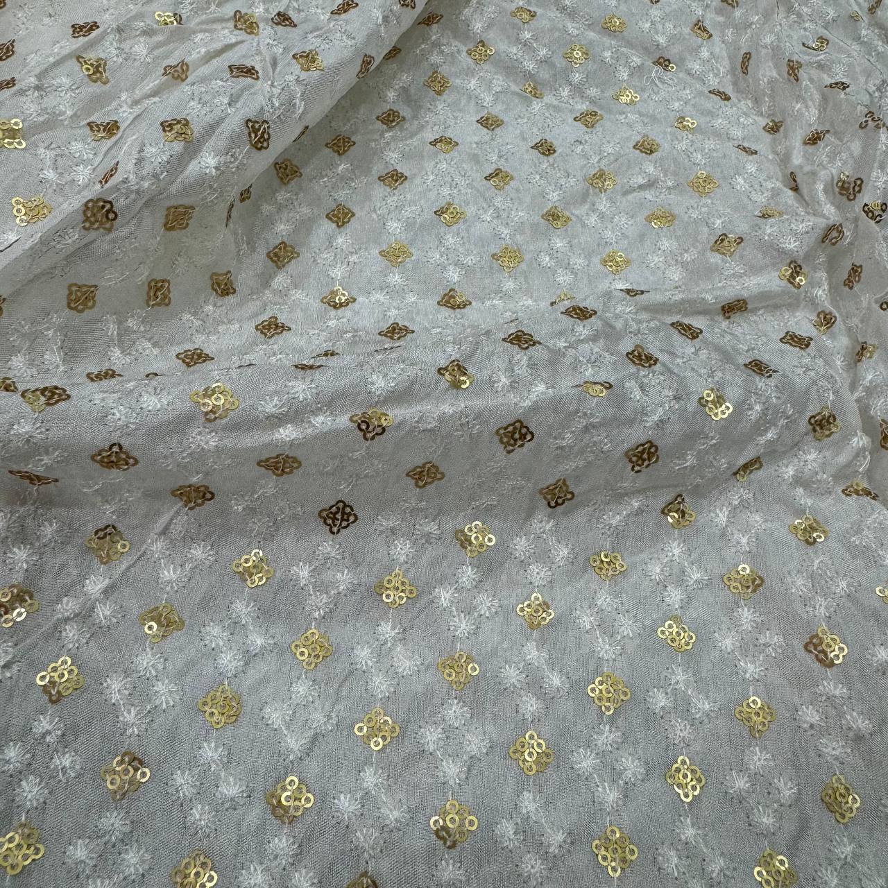 White Dyeable Geometric Embroidered Viscose Uppada Silk Fabric