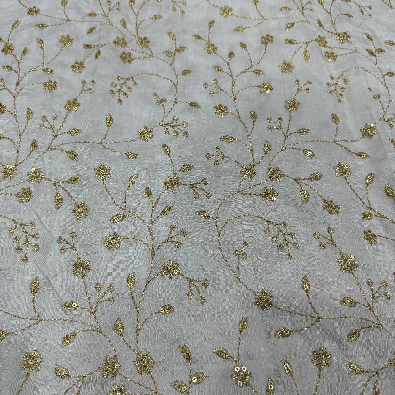 White Dyeable Floral Embroidered Viscose Dola Silk Fabric