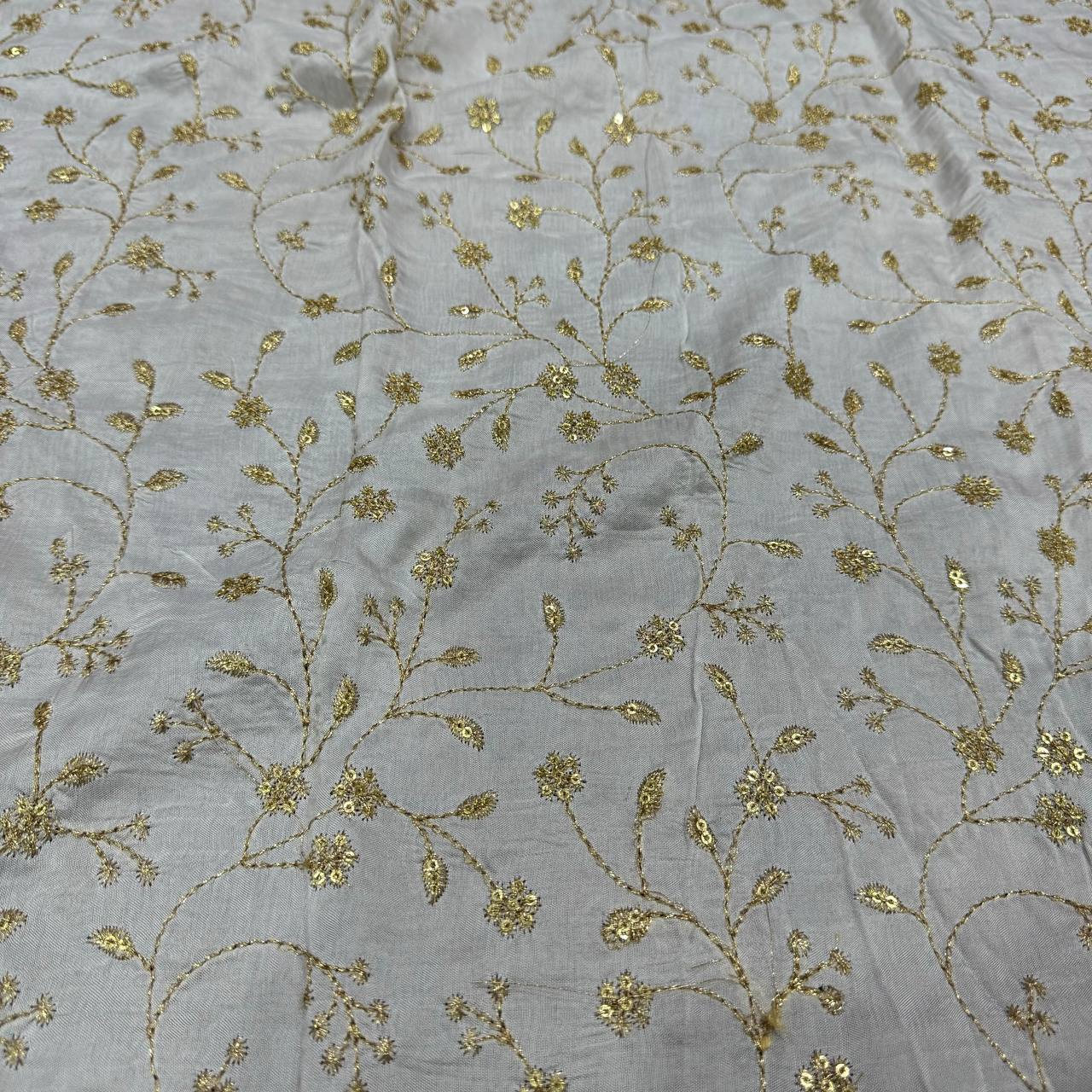 White Dyeable Floral Embroidered Viscose Dola Silk Fabric