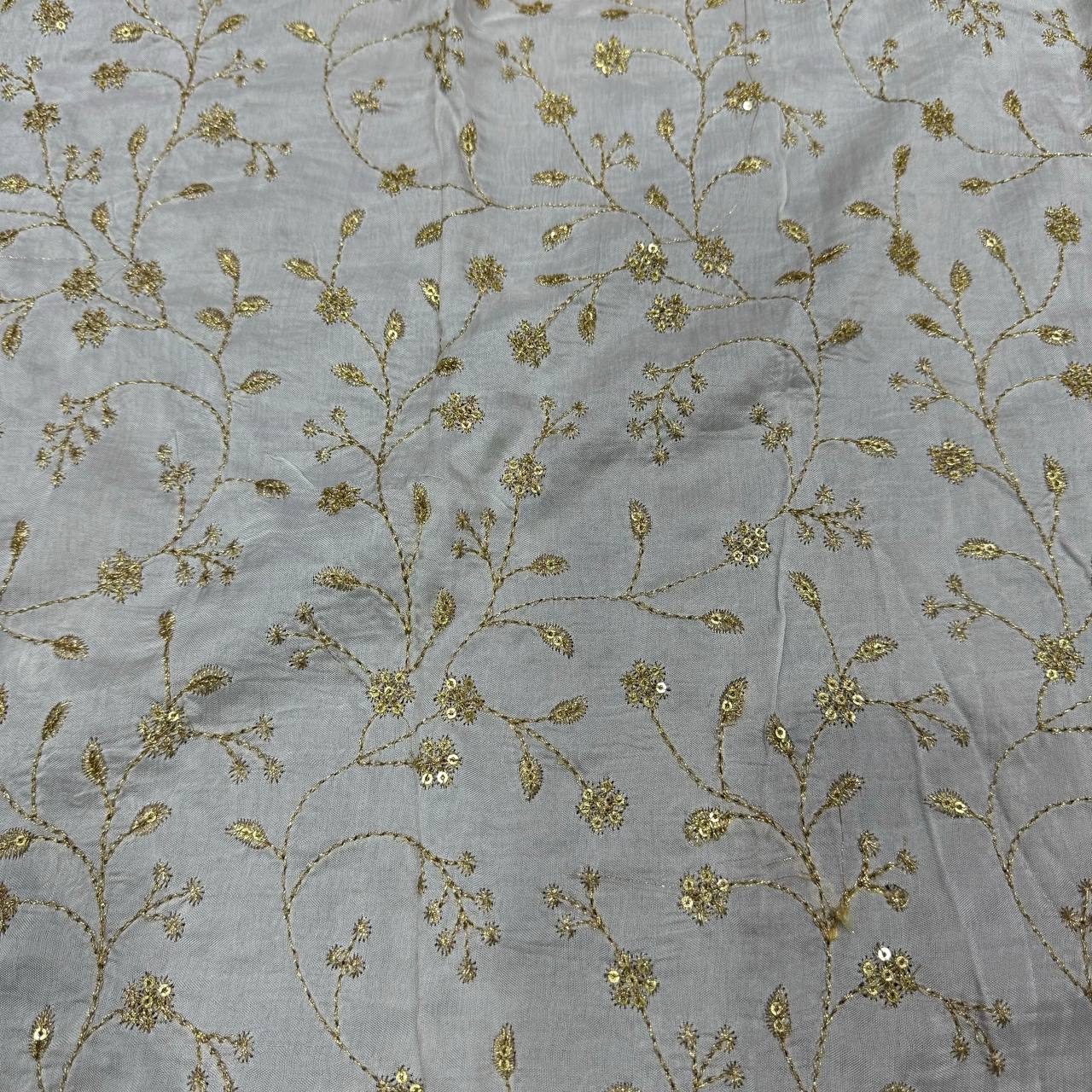 White Dyeable Floral Embroidered Viscose Dola Silk Fabric