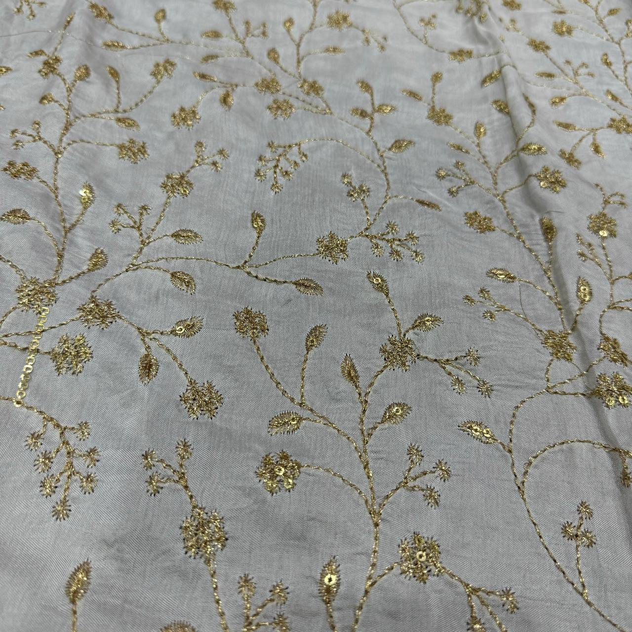 White Dyeable Floral Embroidered Viscose Dola Silk Fabric